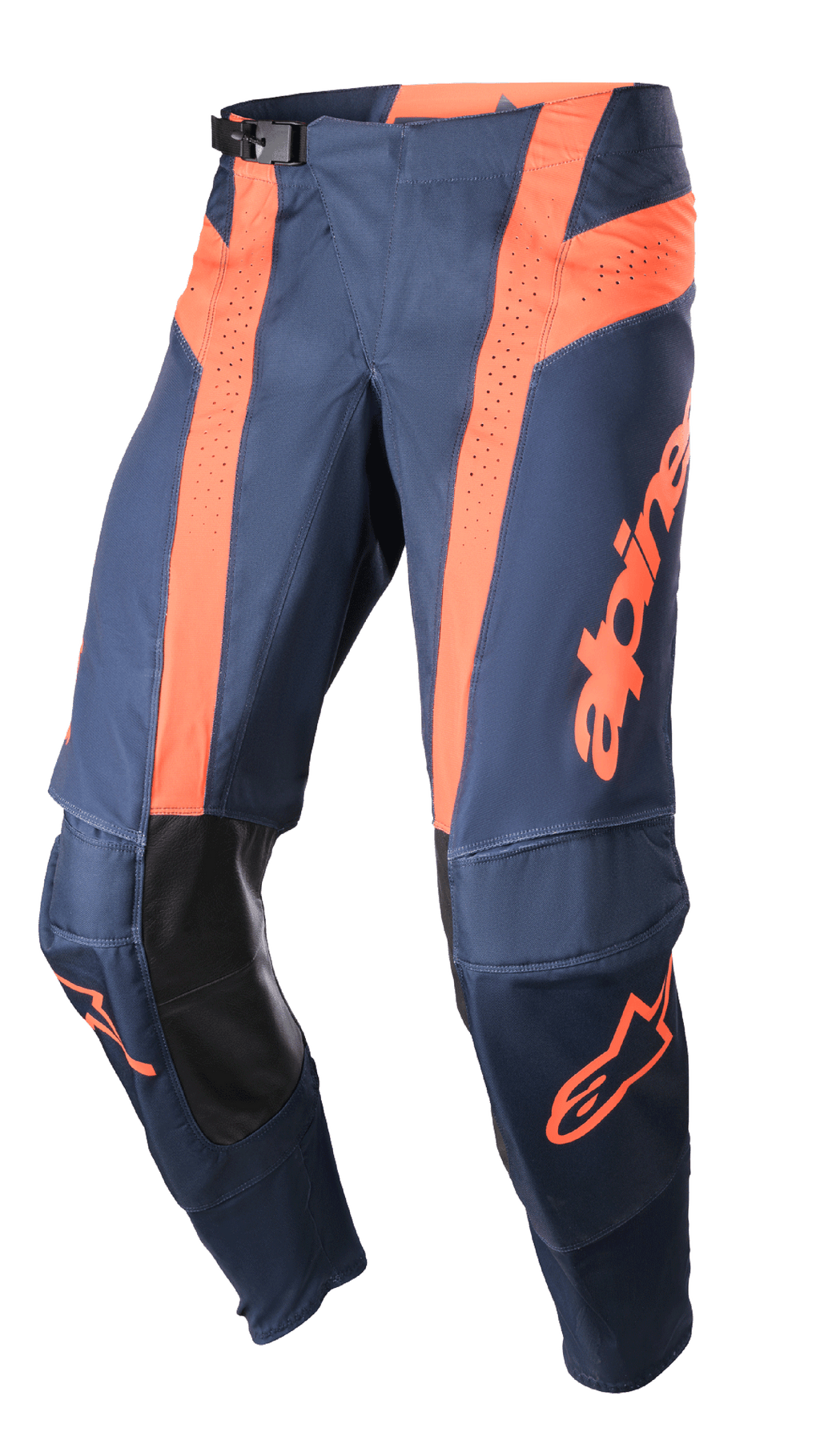 Alpinestars 2023 Techstar Arch Hose, Motocross-Hose, Night Navy und Hot Orange, perforierte Belüftungseinsätze, innerer Knieschutz aus schwarzem Leder, verstellbare Gürtelschnalle, leistungsoptimierte Offroad-Ausrüstung