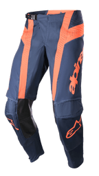 Alpinestars 2023 Techstar Arch Hose, Motocross-Hose, Night Navy und Hot Orange, perforierte Belüftungseinsätze, innerer Knieschutz aus schwarzem Leder, verstellbare Gürtelschnalle, leistungsoptimierte Offroad-Ausrüstung