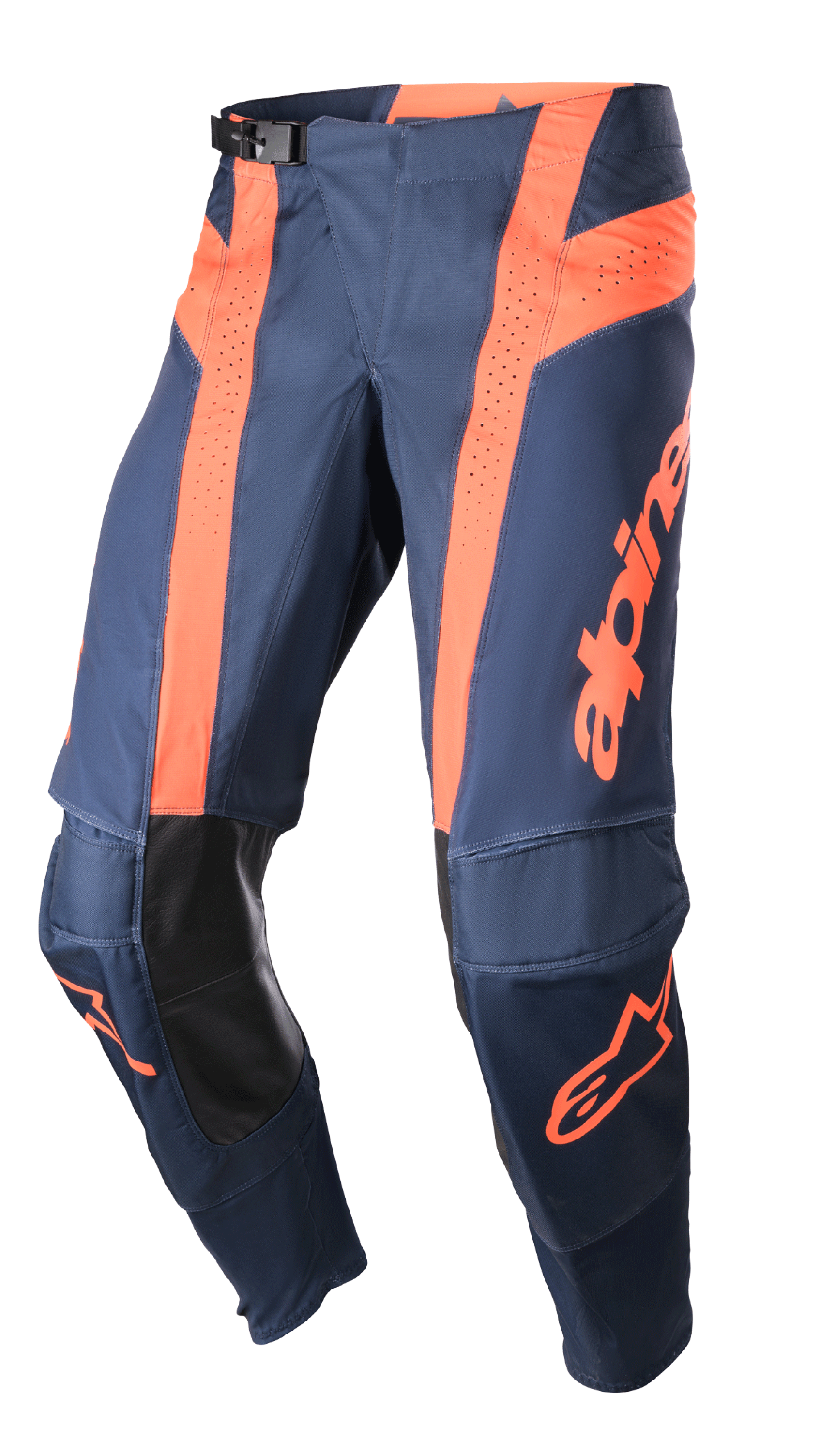 Alpinestars 2023 Techstar Arch Hose, Motocross-Hose, Night Navy und Hot Orange, perforierte Belüftungseinsätze, innerer Knieschutz aus schwarzem Leder, verstellbare Gürtelschnalle, leistungsoptimierte Offroad-Ausrüstung