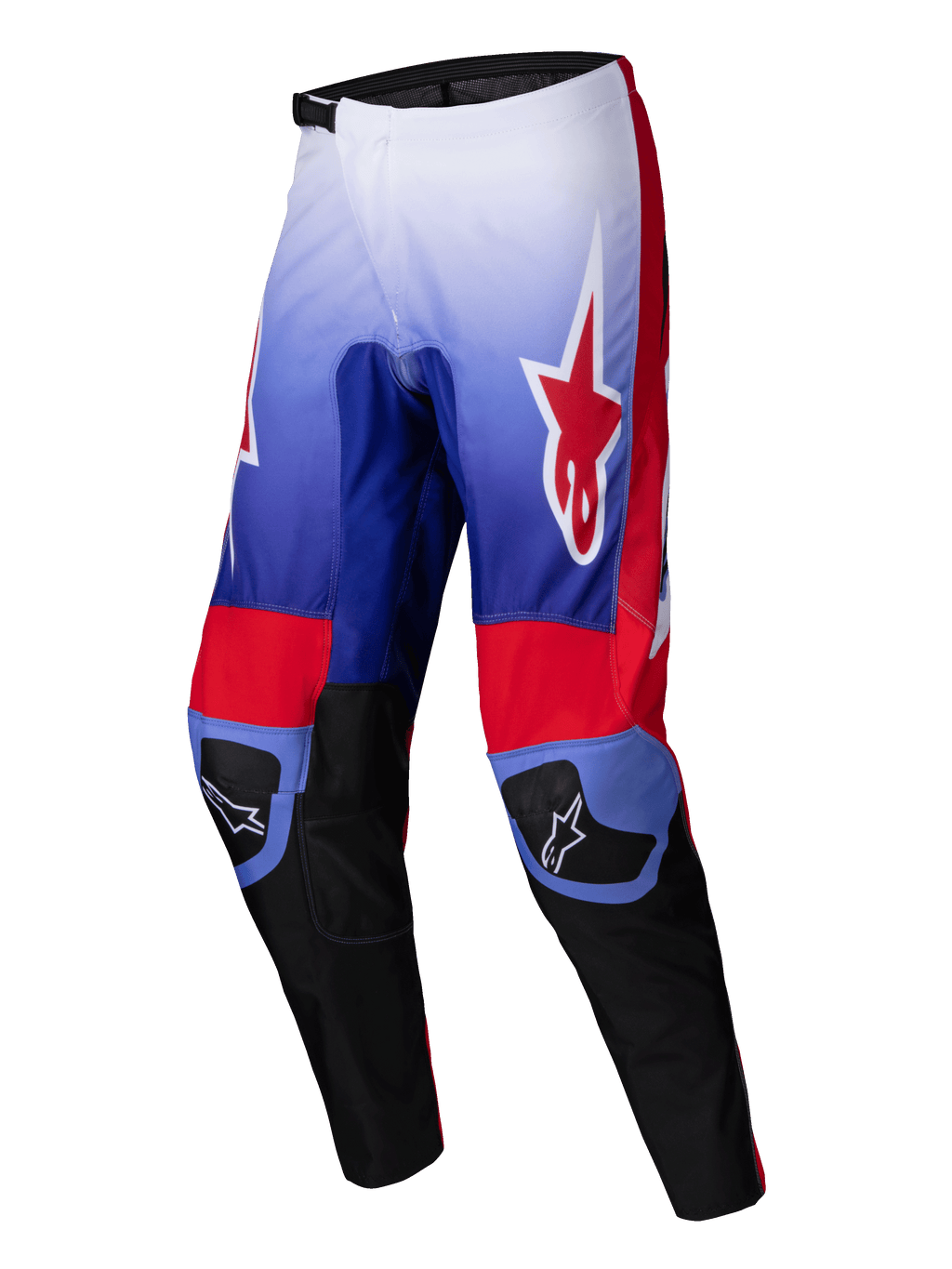Alpinestars 2025 Fluid Wurx Pants, motocross riding pants in Purple and Bright Red, featuring 600D polyfabric construction and stretch corduroy panels for off-road performance