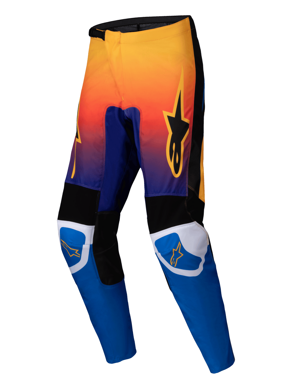 Alpinestars 2025 Fluid Wurx Pants, Motocross Pants, Multicolor with orange to purple gradient upper and bright blue lower legs, featuring black and white reinforced panels, orange star logo on thighs and knees, durable off-road racing design