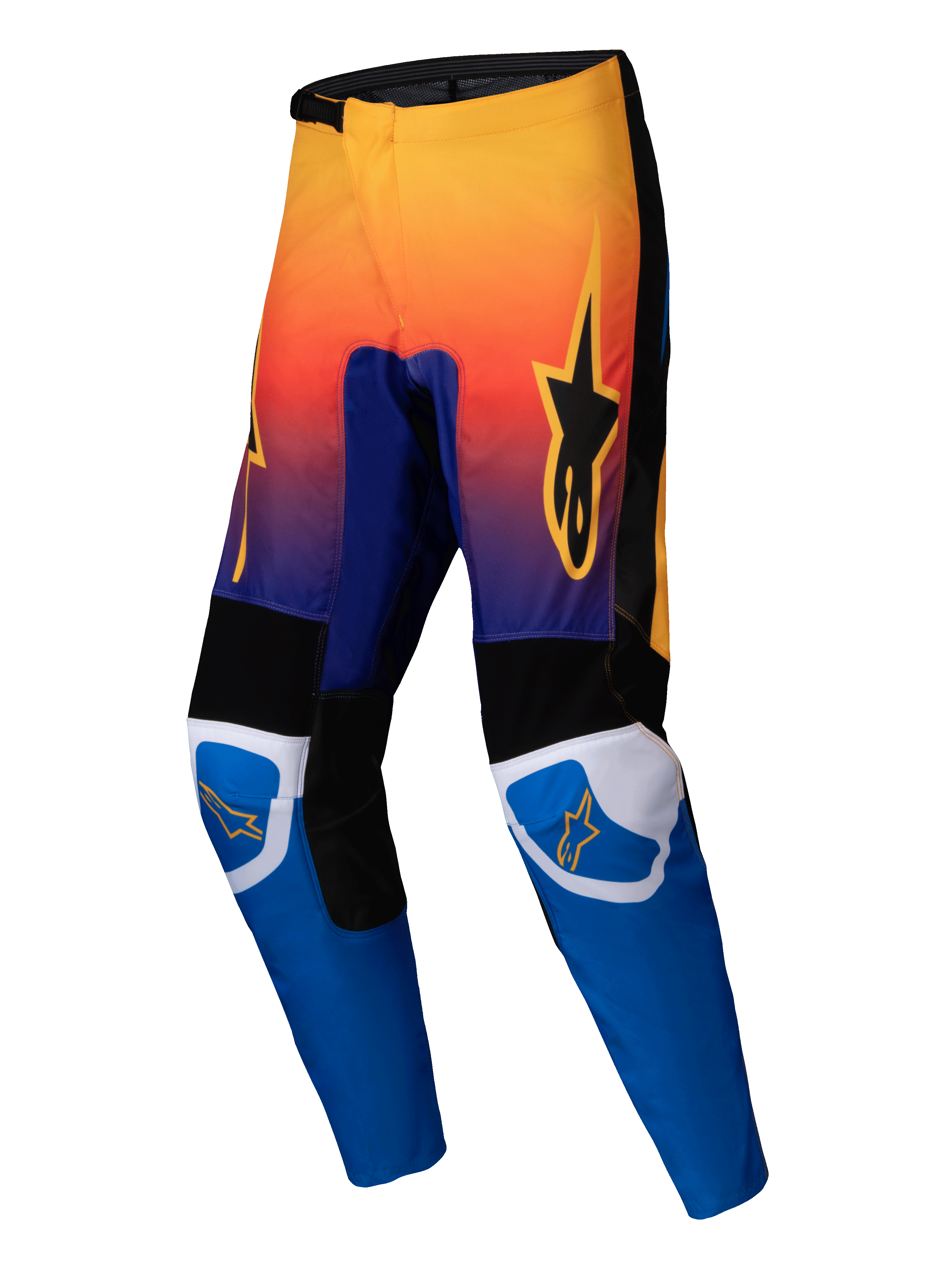 Alpinestars 2025 Fluid Wurx Pants, Motocross Pants, Multicolor with orange to purple gradient upper and bright blue lower legs, featuring black and white reinforced panels, orange star logo on thighs and knees, durable off-road racing design