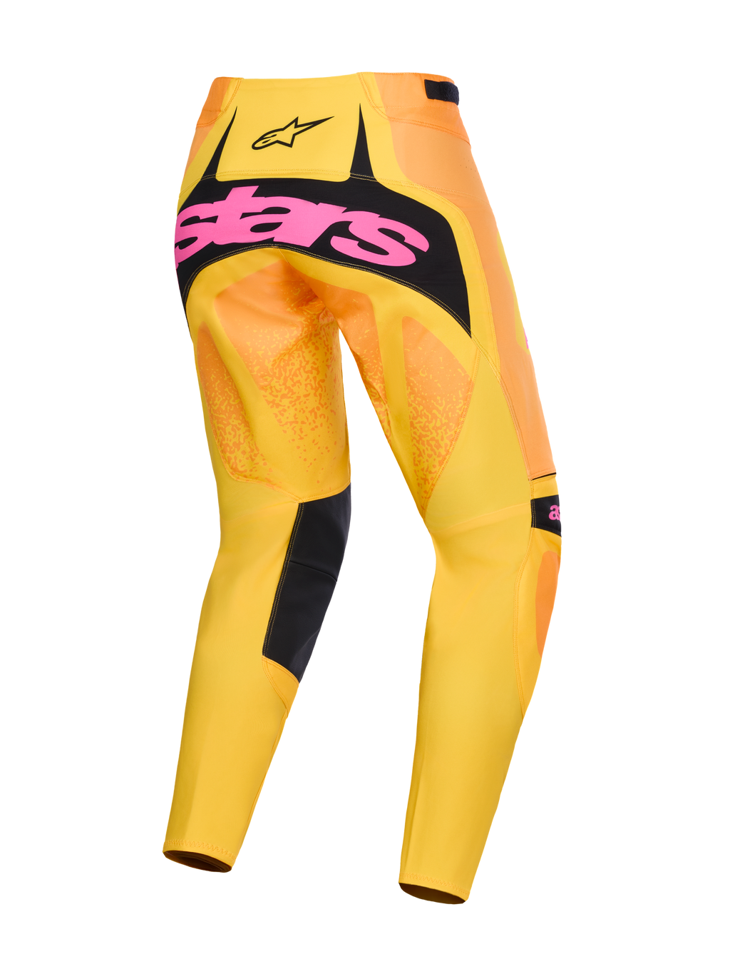 Alpinestars 2026 Techstar Nomur Hose, Motocross-Hose, Orange, Gelb und Pink, Rückansicht mit großem pinkem Branding auf schwarzem Gesäßpanel, lebendiger Farbverlauf in Gelb und Orange mit schwarzen Akzenten an den Beininnenseiten, Hochleistungs-Offroad-Rennausrüstung