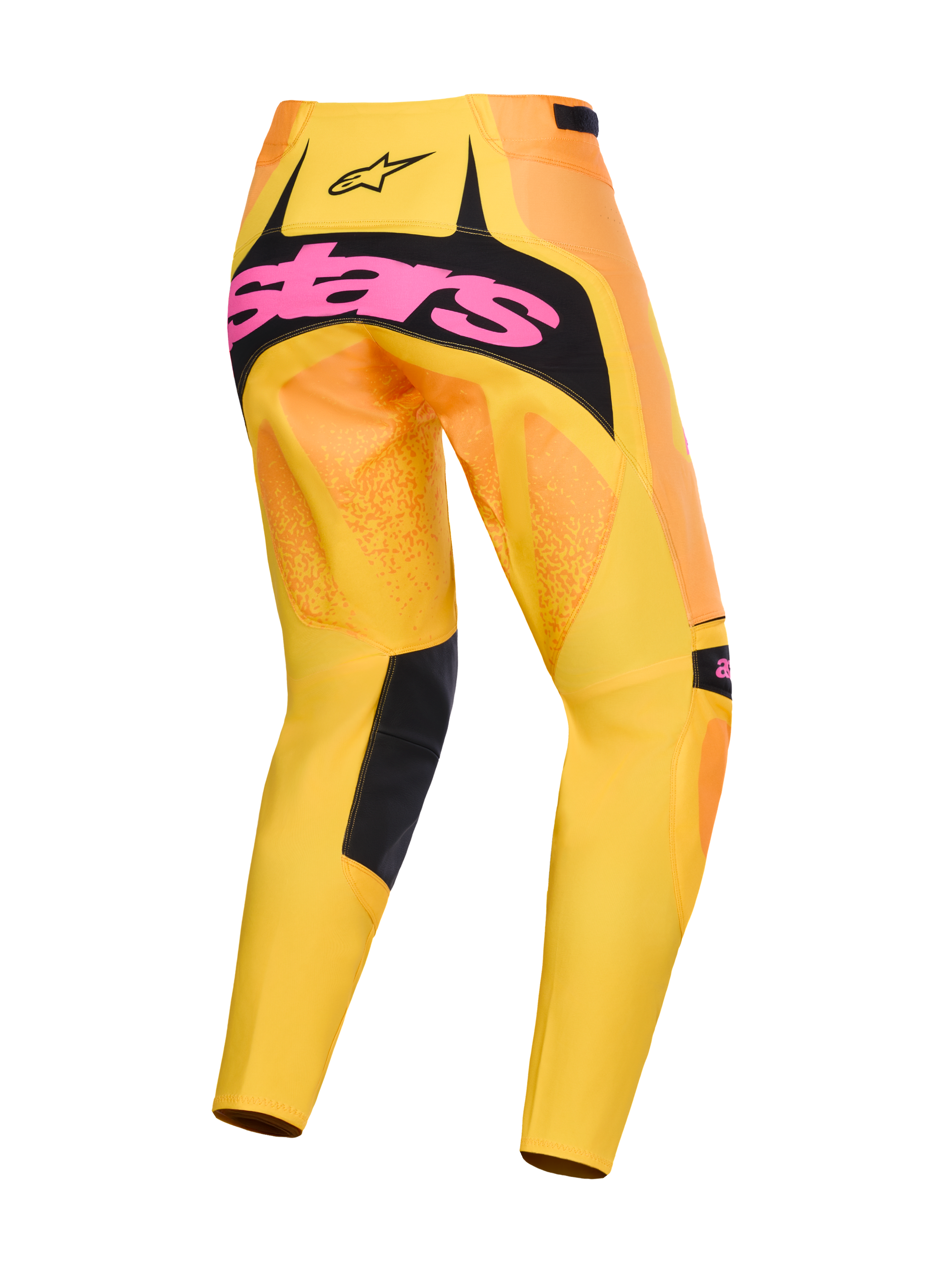 Alpinestars 2026 Techstar Nomur Hose, Motocross-Hose, Orange, Gelb und Pink, Rückansicht mit großem pinkem Branding auf schwarzem Gesäßpanel, lebendiger Farbverlauf in Gelb und Orange mit schwarzen Akzenten an den Beininnenseiten, Hochleistungs-Offroad-Rennausrüstung