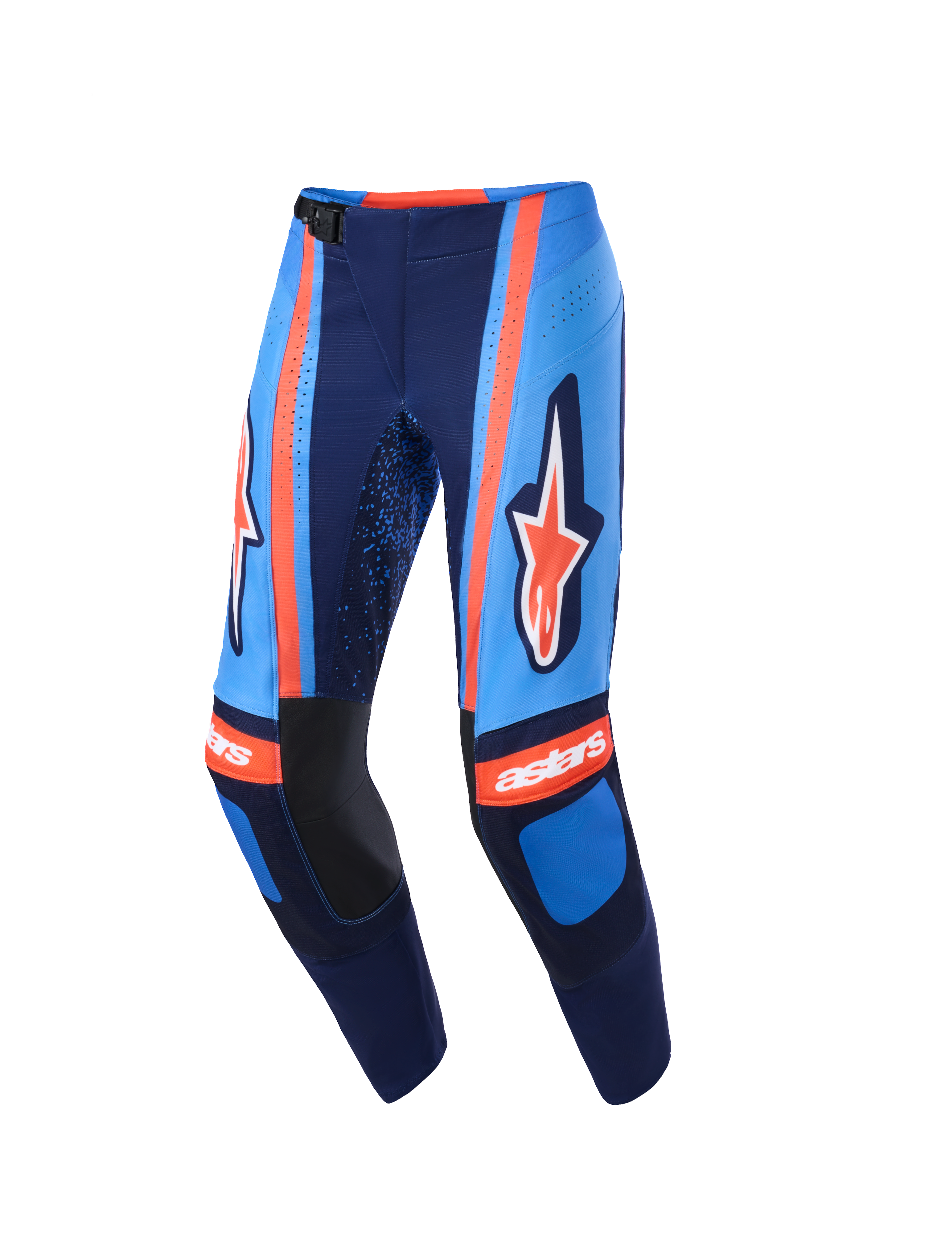 Alpinestars 2026 Techstar Nomur Hose, Motocross-Hose, Dunkelblau, Orange und UCLA-Blau, mit markantem Alpinestars-Branding auf den Oberschenkeln, 'astars'-Logo auf den Knien, magnetischer Taillenschnalle und lasergeschnittenen Perforationen für die Luftzirkulation, Hochleistungs-Offroad-Ausrüstung