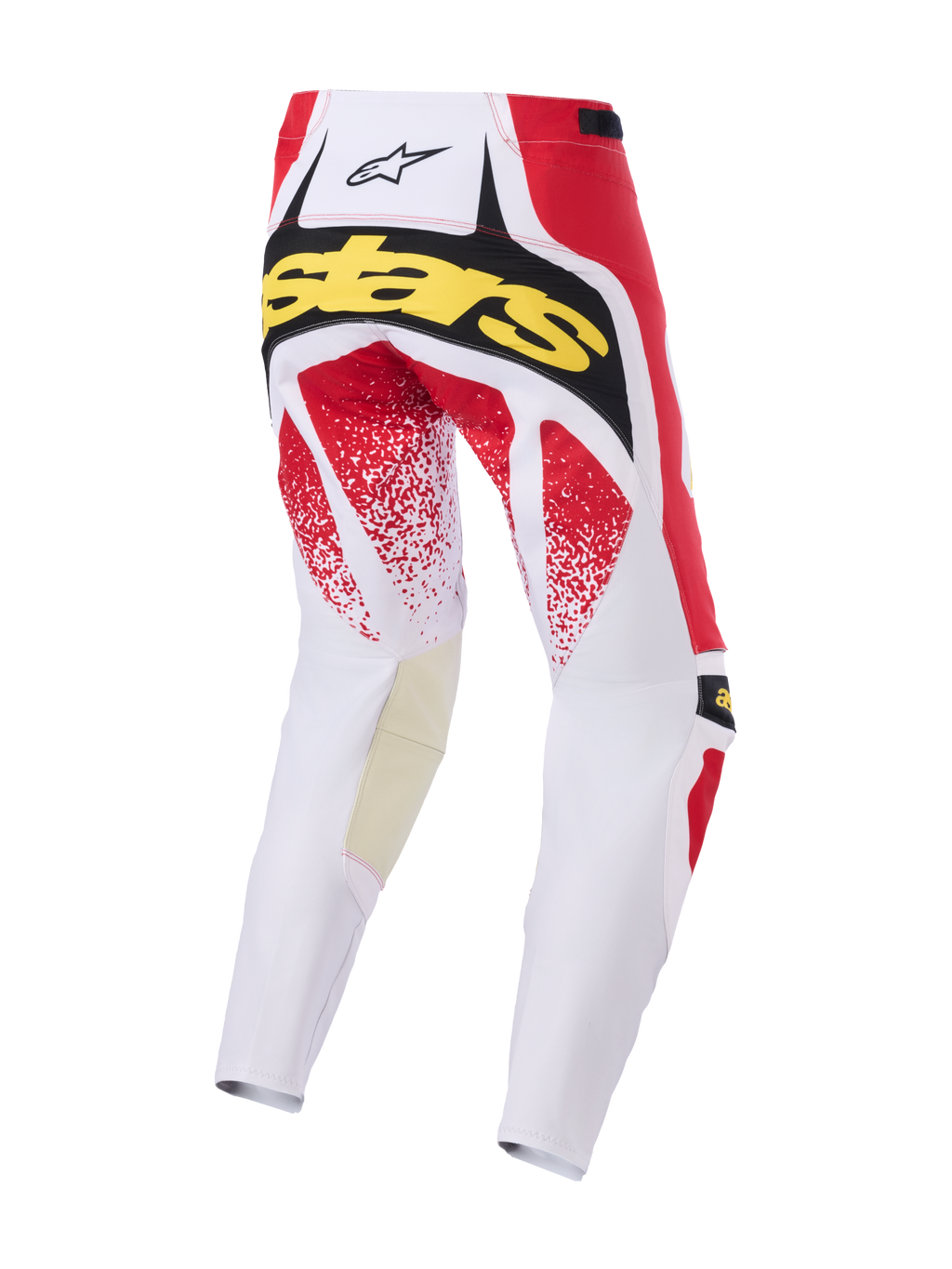 Alpinestars 2026 Techstar Nomur Hose, Motocross-Hose, Weiß, Rot und Schwarz, Rückansicht mit gelbem „Stars“-Branding und roten gesprenkelten Grafiken, strapazierfähige Multi-Panel-Konstruktion für den Offroad-Rennsport