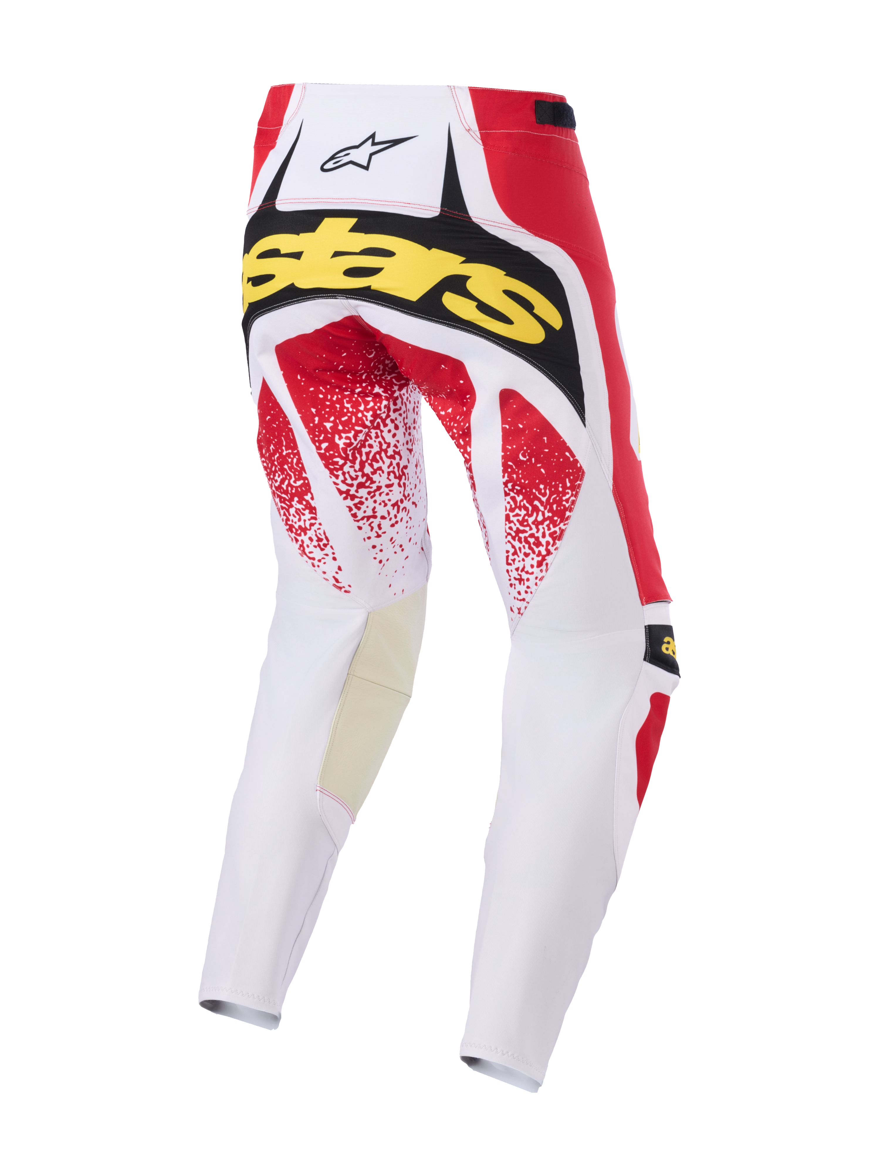 Alpinestars 2026 Techstar Nomur Hose, Motocross-Hose, Weiß, Rot und Schwarz, Rückansicht mit gelbem „Stars“-Branding und roten gesprenkelten Grafiken, strapazierfähige Multi-Panel-Konstruktion für den Offroad-Rennsport