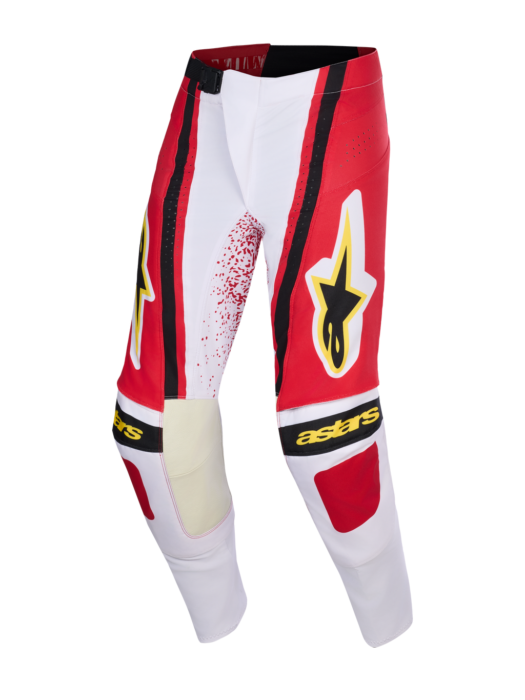 Alpinestars 2026 Techstar Nomur Hose, Motocross-Hose, Hellgrau, Rot und Schwarz mit gelbem Alpinestars Stern-Logo und Schriftzug, verstärkte Knie-Innenpaneele, athletisches Race-Fit-Design für Offroad-Rennsport