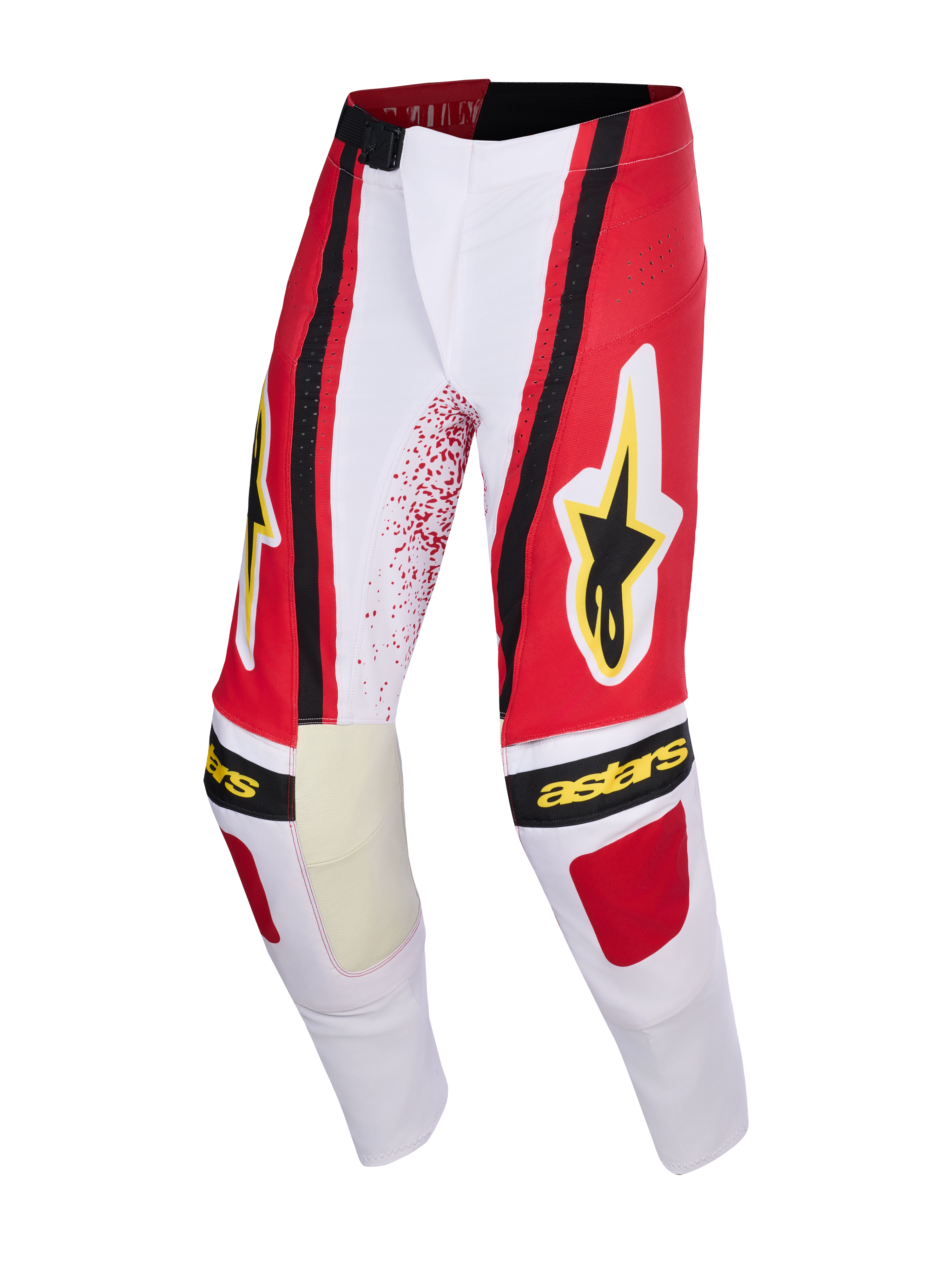 Alpinestars 2026 Techstar Nomur Hose, Motocross-Hose, Hellgrau, Rot und Schwarz mit gelbem Alpinestars Stern-Logo und Schriftzug, verstärkte Knie-Innenpaneele, athletisches Race-Fit-Design für Offroad-Rennsport