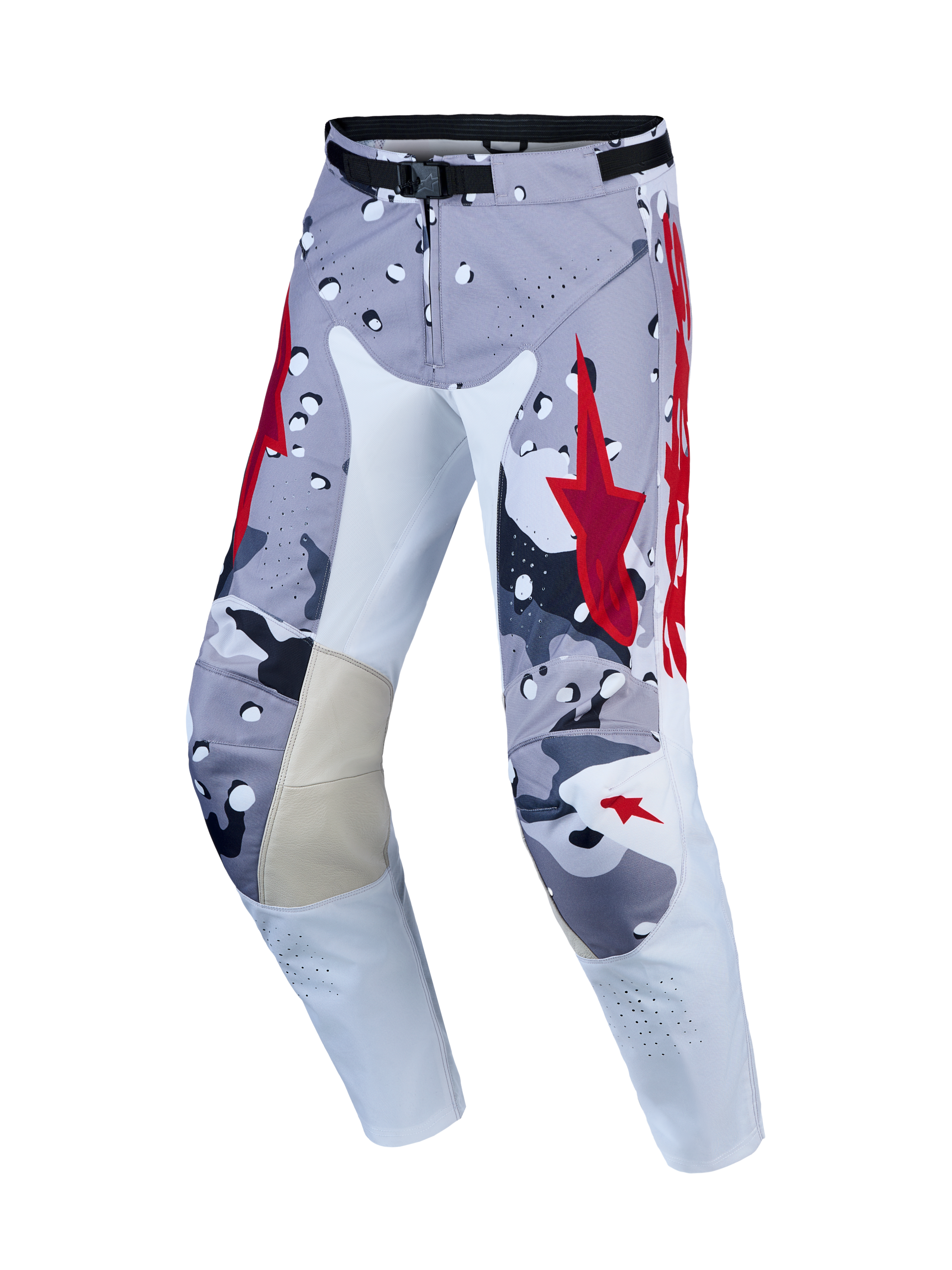 Alpinestars Racer Air Lone Pants, Men's Motocross Gear, Gray Camo and Red, perforated fabric with leather inner knee panels.