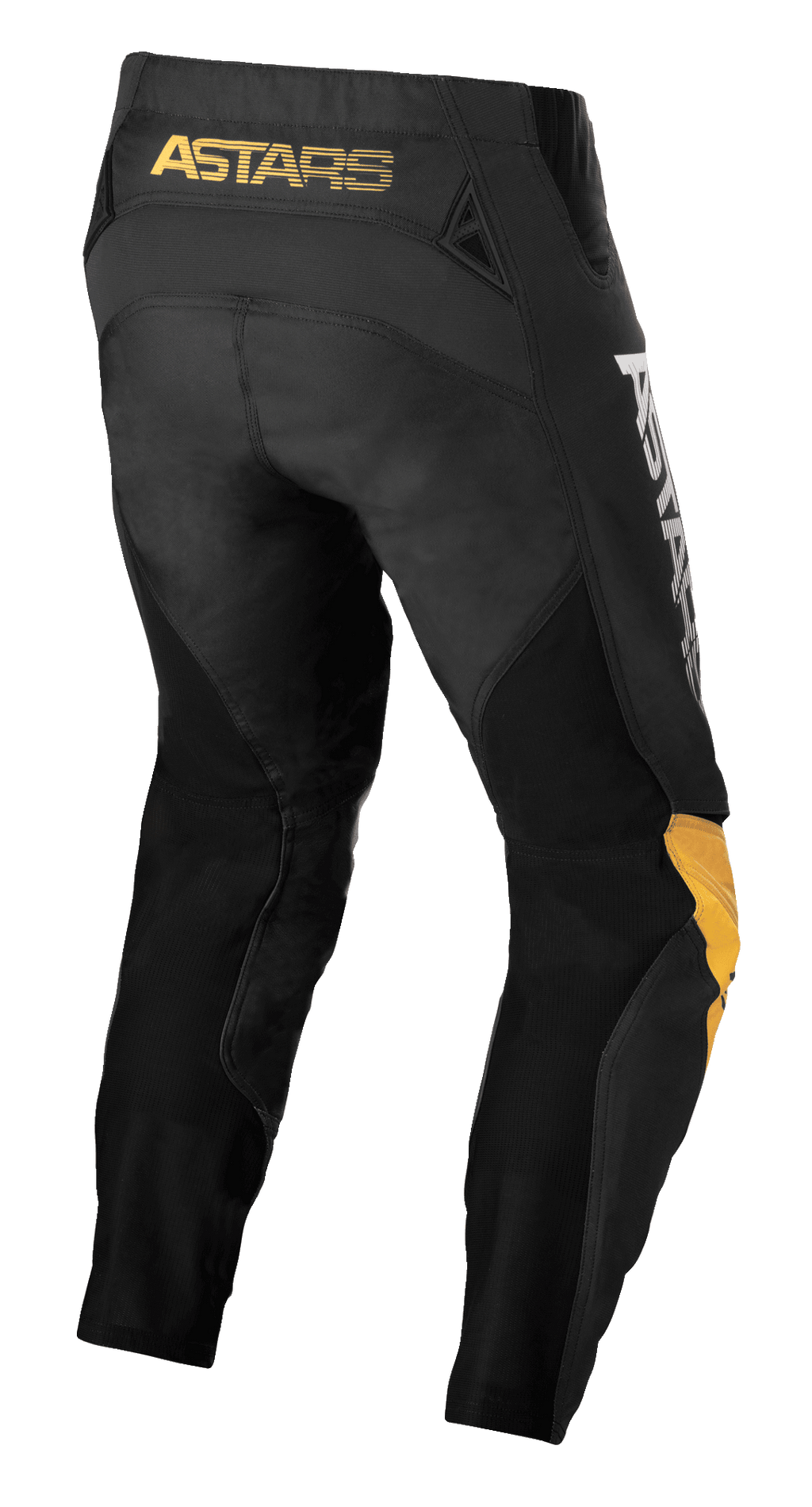 Alpinestars Techstar Quadro Hose, Motocross-Hose, Schwarz, Gelb und Tangerine, Rückansicht mit gelbem „ASTARS“-Branding am Bund, schwarzen Mesh-Einsätzen zur Belüftung und ergonomischen Knieeinsätzen in Gelb und Tangerine für Langlebigkeit beim Offroad-Rennsport.