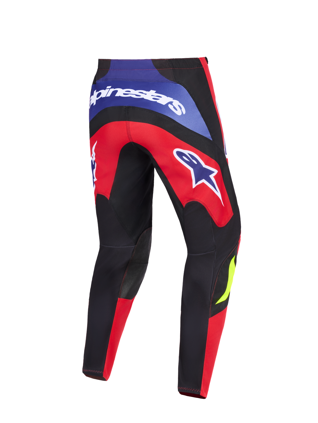 Alpinestars 2026 Fluid Grid Hose, Motocross-Hose, Rot, Schwarz und Lila, Rückansicht mit markantem Alpinestars-Branding auf der Rückseite und den Oberschenkeln, verstärkte schwarze Knieeinsätze und ergonomisches Sport-Fit-Design für den Offroad-Einsatz