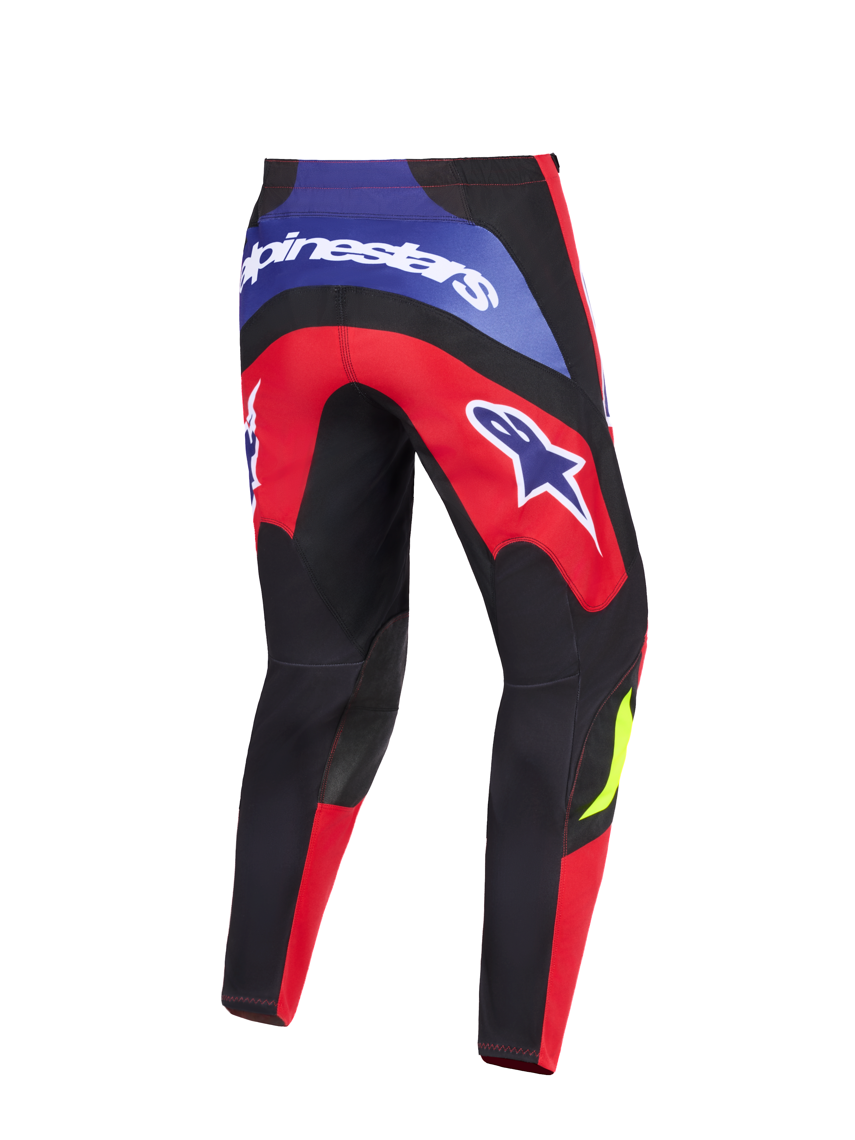 Alpinestars 2026 Fluid Grid Hose, Motocross-Hose, Rot, Schwarz und Lila, Rückansicht mit markantem Alpinestars-Branding auf der Rückseite und den Oberschenkeln, verstärkte schwarze Knieeinsätze und ergonomisches Sport-Fit-Design für den Offroad-Einsatz