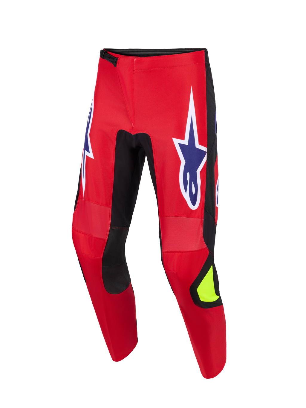 Alpinestars 2026 Fluid Grid Hose, Motocross-Hose, Rot, Schwarz und Lila, mit großen lila Stern-Logos mit weißer Umrandung an den Oberschenkeln, schwarzen Stretch-Einsätzen an den Beininnenseiten, neongelbem Akzent am Schienbein, strapazierfähige Poly-Gewebe-Konstruktion für Offroad-Fahrten