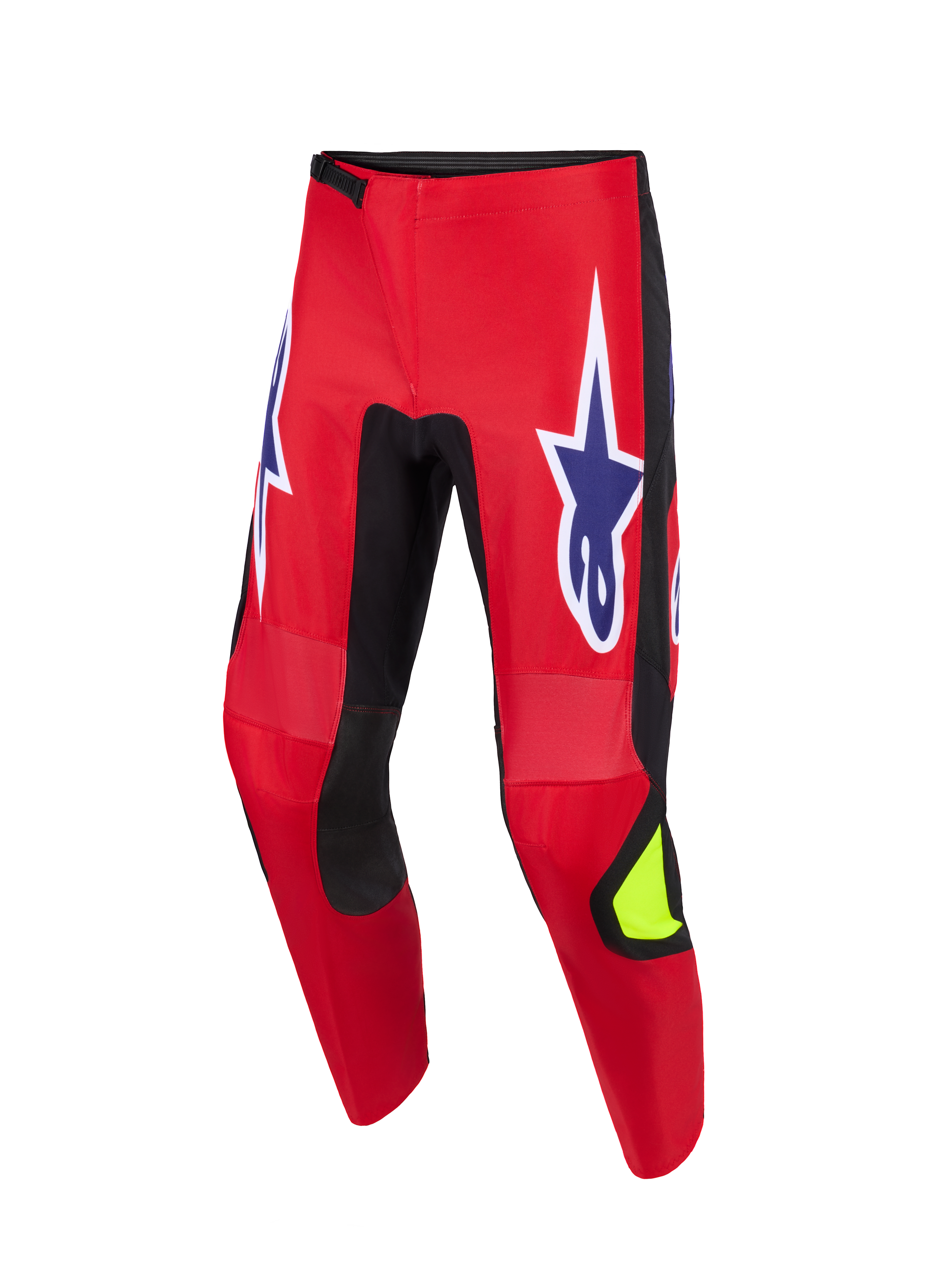 Alpinestars 2026 Fluid Grid Hose, Motocross-Hose, Rot, Schwarz und Lila, mit großen lila Stern-Logos mit weißer Umrandung an den Oberschenkeln, schwarzen Stretch-Einsätzen an den Beininnenseiten, neongelbem Akzent am Schienbein, strapazierfähige Poly-Gewebe-Konstruktion für Offroad-Fahrten