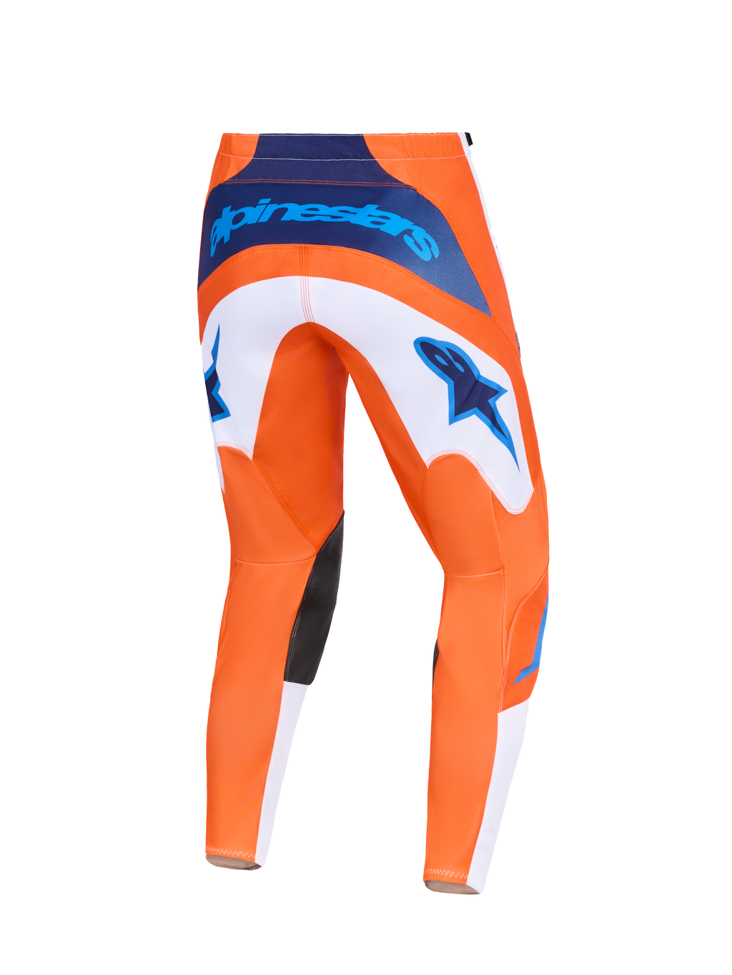 Alpinestars 2026 Fluid Grid Hose, Motocross-Hose, Orange und UCLA Blau, Rückansicht mit weißen Einsätzen mit blauen Stern-Logos, dunkelblauem Branding am Bund und schwarzen Knieinnenseiten-Einsätzen, strapazierfähiges Design für Offroad-Rennsport
