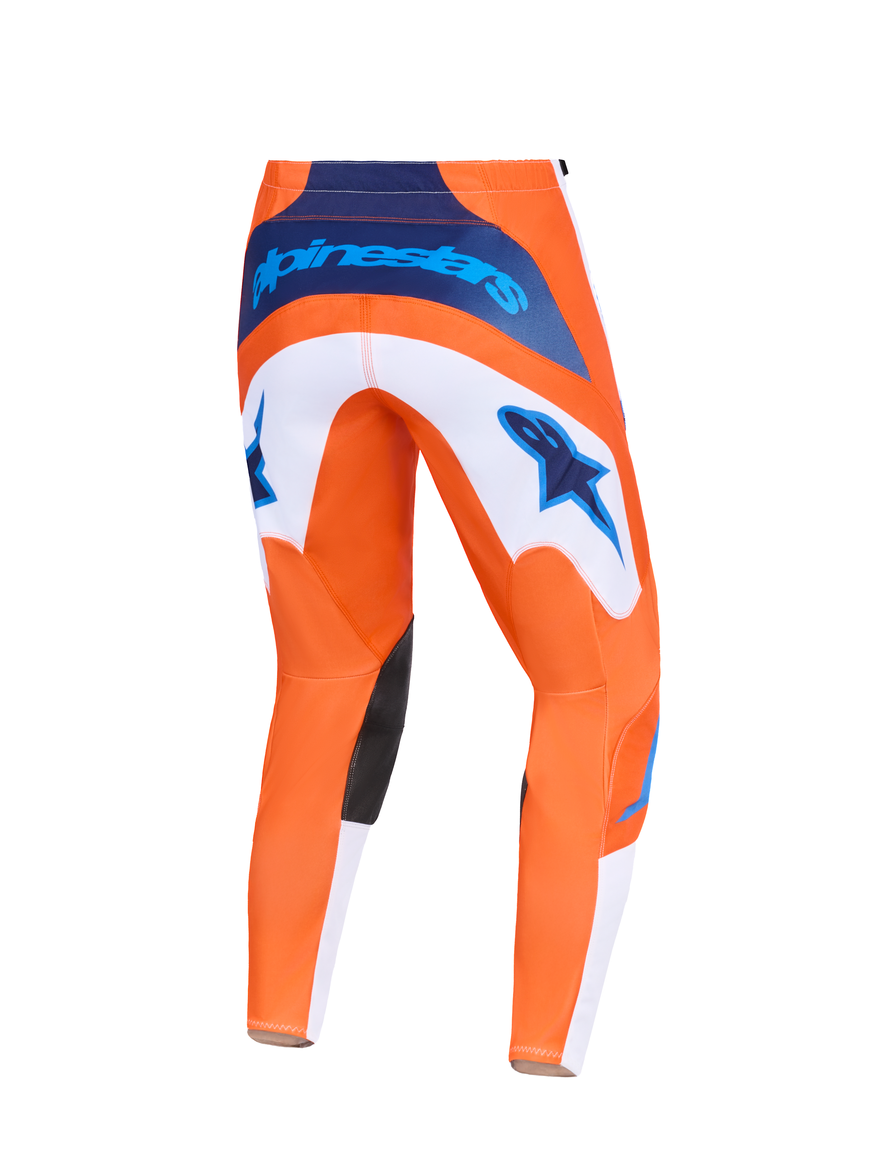 Alpinestars 2026 Fluid Grid Hose, Motocross-Hose, Orange und UCLA Blau, Rückansicht mit weißen Einsätzen mit blauen Stern-Logos, dunkelblauem Branding am Bund und schwarzen Knieinnenseiten-Einsätzen, strapazierfähiges Design für Offroad-Rennsport