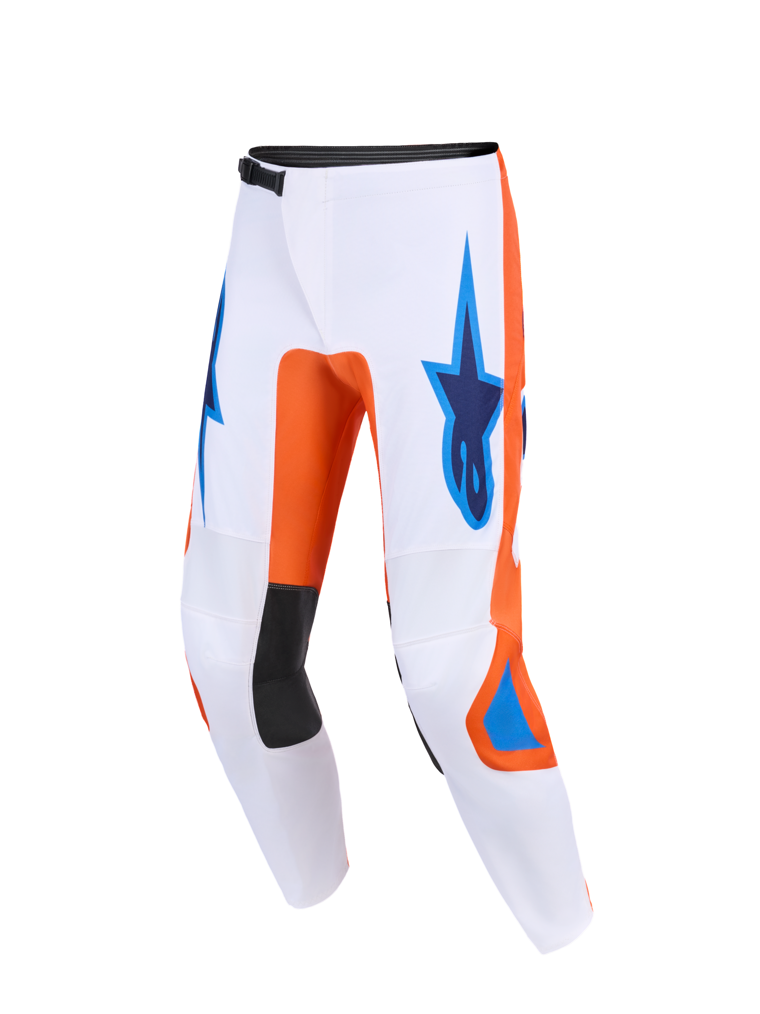 Alpinestars 2026 Fluid Grid Hose, Motocross-Hose, Weiß mit orangen und UCLA-blauen Akzenten, mit blauen Astars-Logos auf den Oberschenkeln, schwarzen Knie-Innenpaneelen und einem technischen ergonomischen Design für Offroad-Performance
