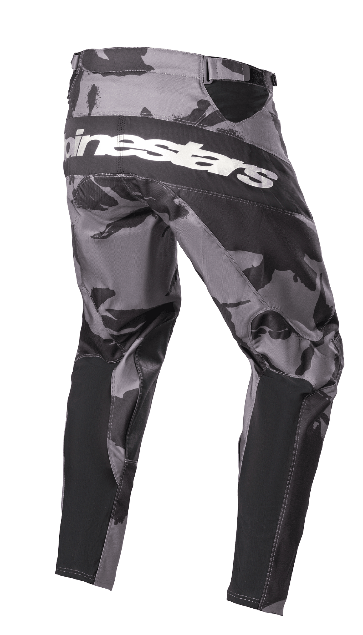 Alpinestars 2023 Racer Tactical Hose, Motocross-Hose, Iron Camo grau-schwarzes Tarnmuster, Rückansicht mit weißem Alpinestars-Branding über dem Gesäß, schwarzen verstärkten Paneelen und technischen Stretchzonen für den Offroad-Einsatz.