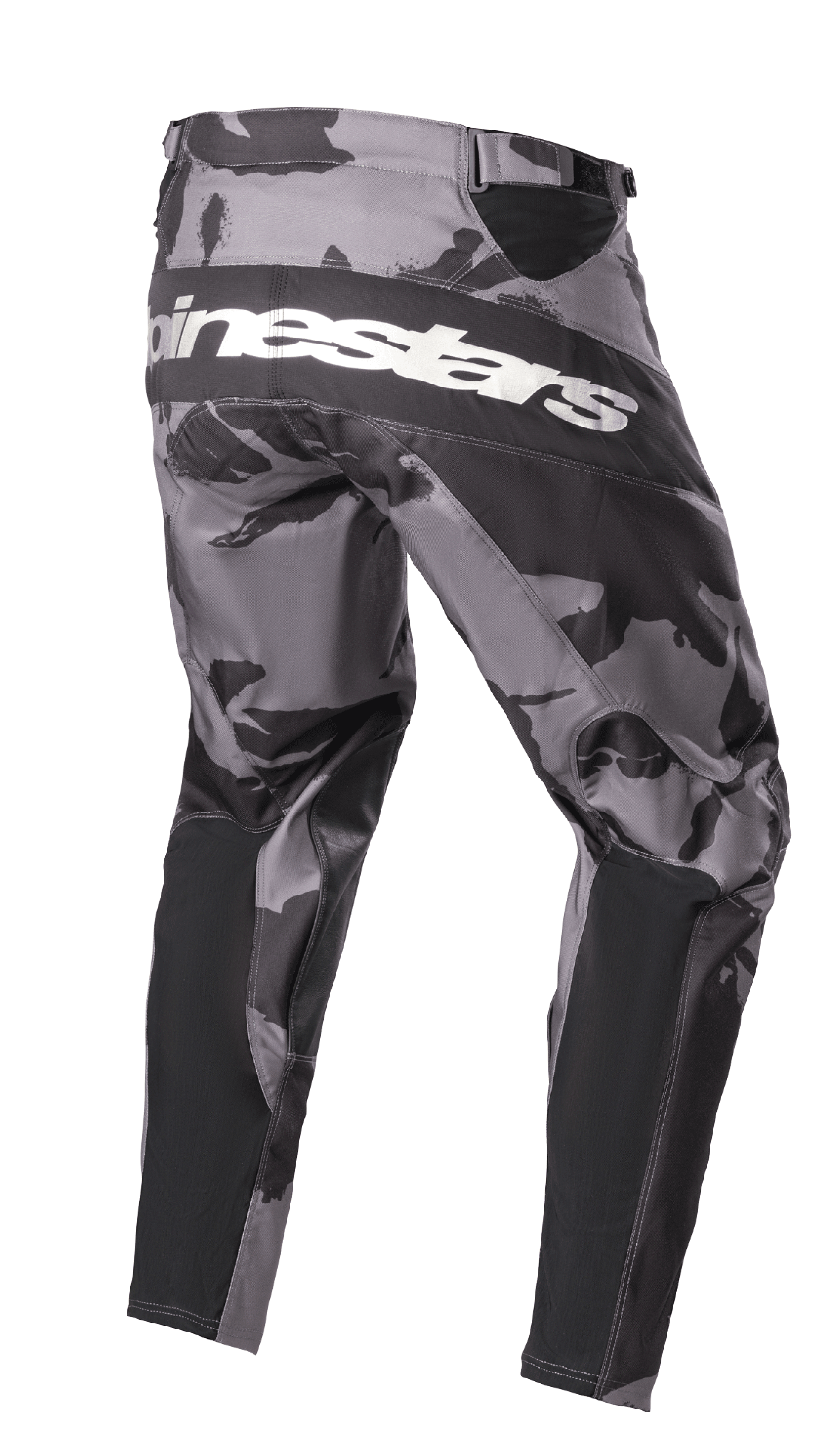 Alpinestars 2023 Racer Tactical Hose, Motocross-Hose, Iron Camo grau-schwarzes Tarnmuster, Rückansicht mit weißem Alpinestars-Branding über dem Gesäß, schwarzen verstärkten Paneelen und technischen Stretchzonen für den Offroad-Einsatz.