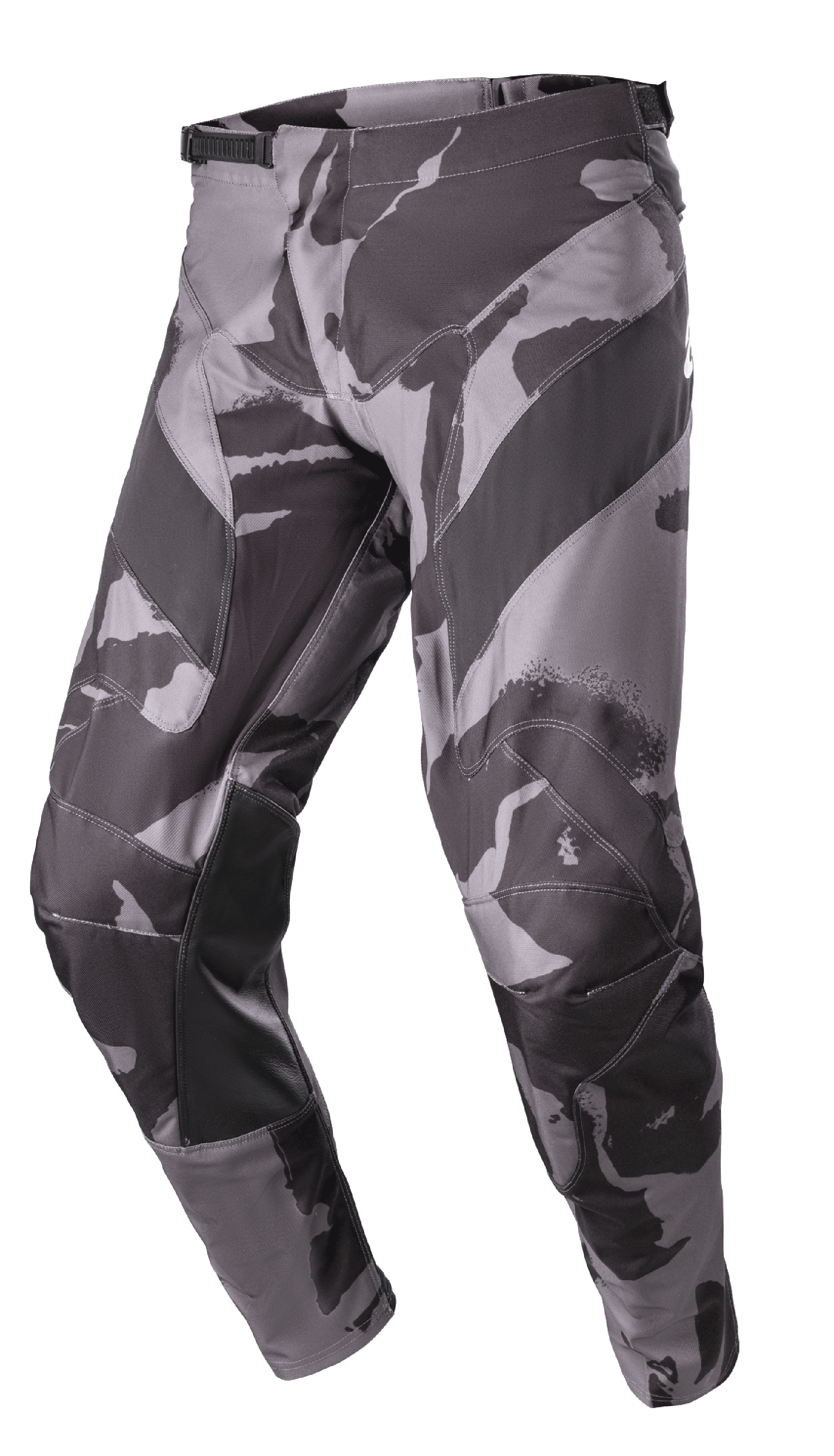 Alpinestars 2023 Racer Tactical Pants, Motocross Off-Road Pants, Iron Camo Gray and Black, featuring leather-reinforced inner legs, ratchet waist adjustment, and a durable 600D poly-fabric construction