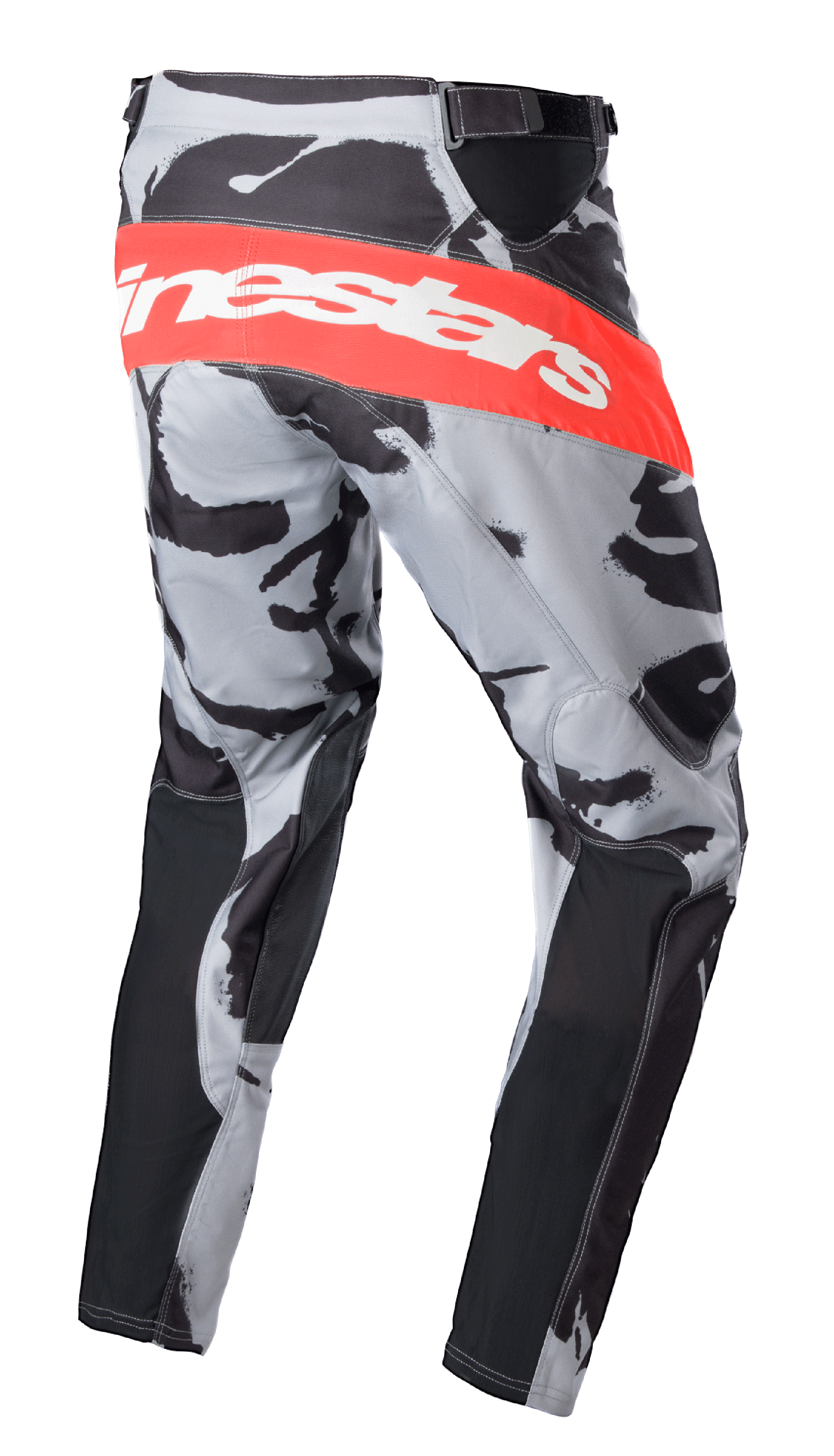 Alpinestars 2023 Racer Tactical Hose, Motocross-Hose, Cast Gray Camo und Mars Red, breites rotes horizontales Band mit weißem Alpinestars-Logo auf der Rückseite, Camouflage-Muster mit schwarzen Paneelen, sportliches Design für Motocross-Rennsport
