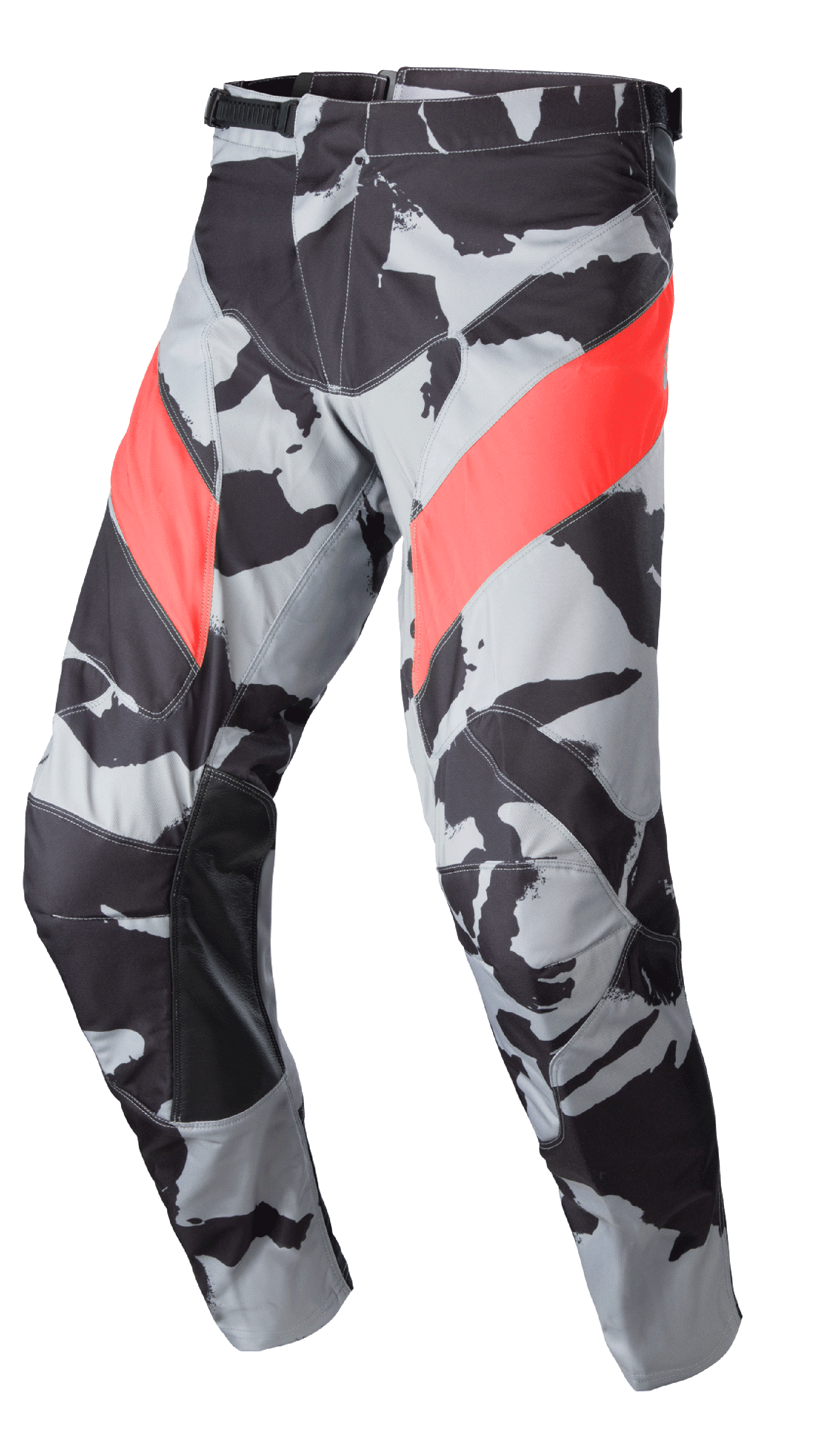 Alpinestars 2023 Racer Tactical Hose, Motocross- und Off-Road-Hose, Cast Gray Camo- und Schwarz-Muster mit diagonalen Akzenten in Mars Red, lederverstärkte Innenbein-Paneele, Ratschenverschluss an der Taille, ergonomisches, vorgeformtes Design für das Off-Road-Fahren