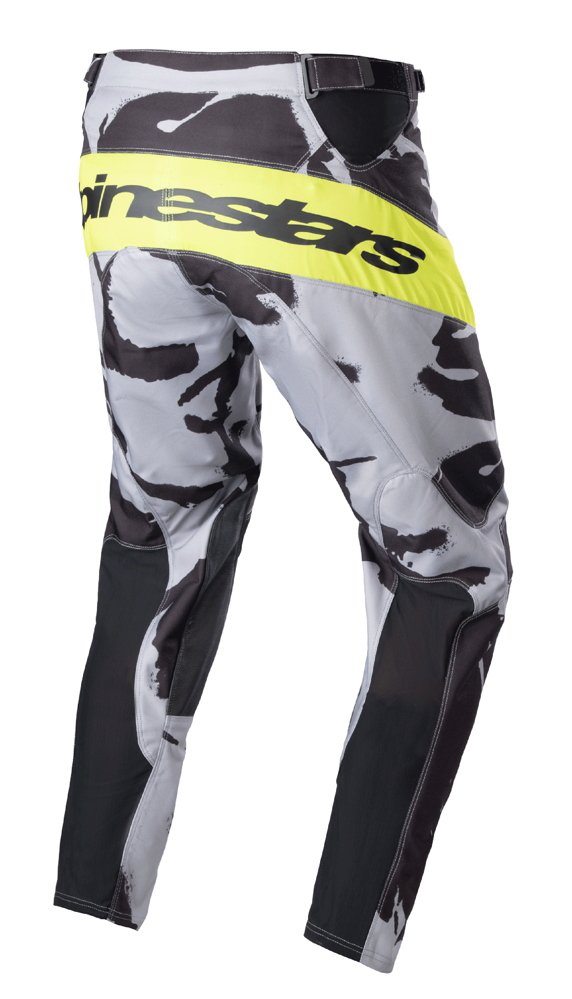 Alpinestars 2023 Racer Tactical Hose, Motocross-Hose, Cast Gray Camo und Gelb Fluo, Rückseitenansicht mit einem leuchtend gelben fluoreszierenden Band mit schwarzem Alpinestars-Branding, Camouflage-Muster mit schwarzen Einsätzen an der Beininnenseite, Performance-Offroad-Ausrüstung