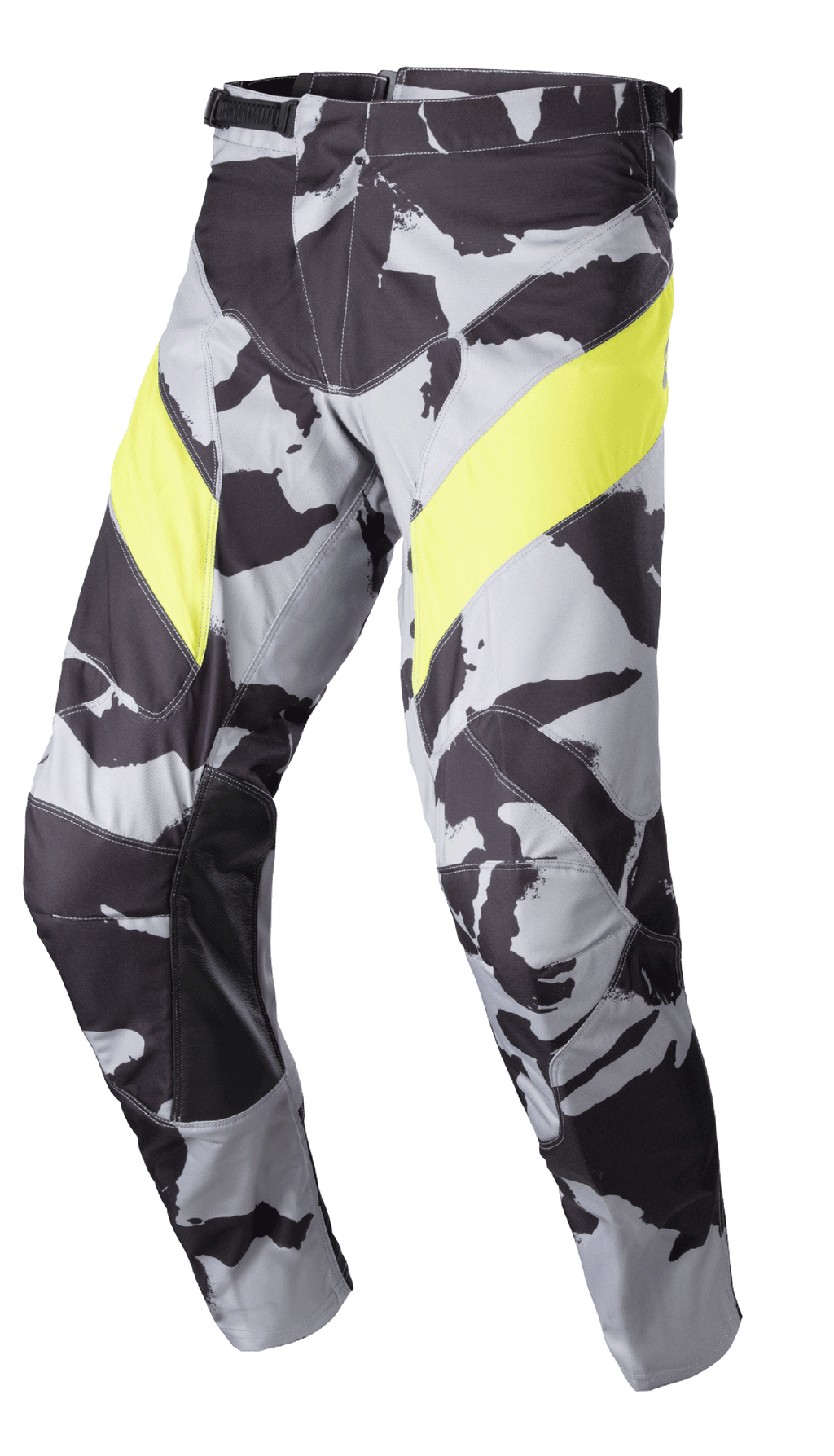 Alpinestars 2023 Racer Tactical Hose, Motocross-Hose, Cast Gray Camo und Yellow Fluo, mit einem grauen Tarnmuster und auffälligen gelben Oberschenkel-Einsätzen, Knieverstärkungen aus schwarzem Leder auf der Innenseite und einem Ratschenverschluss an der Taille für den Offroad-Rennsport.