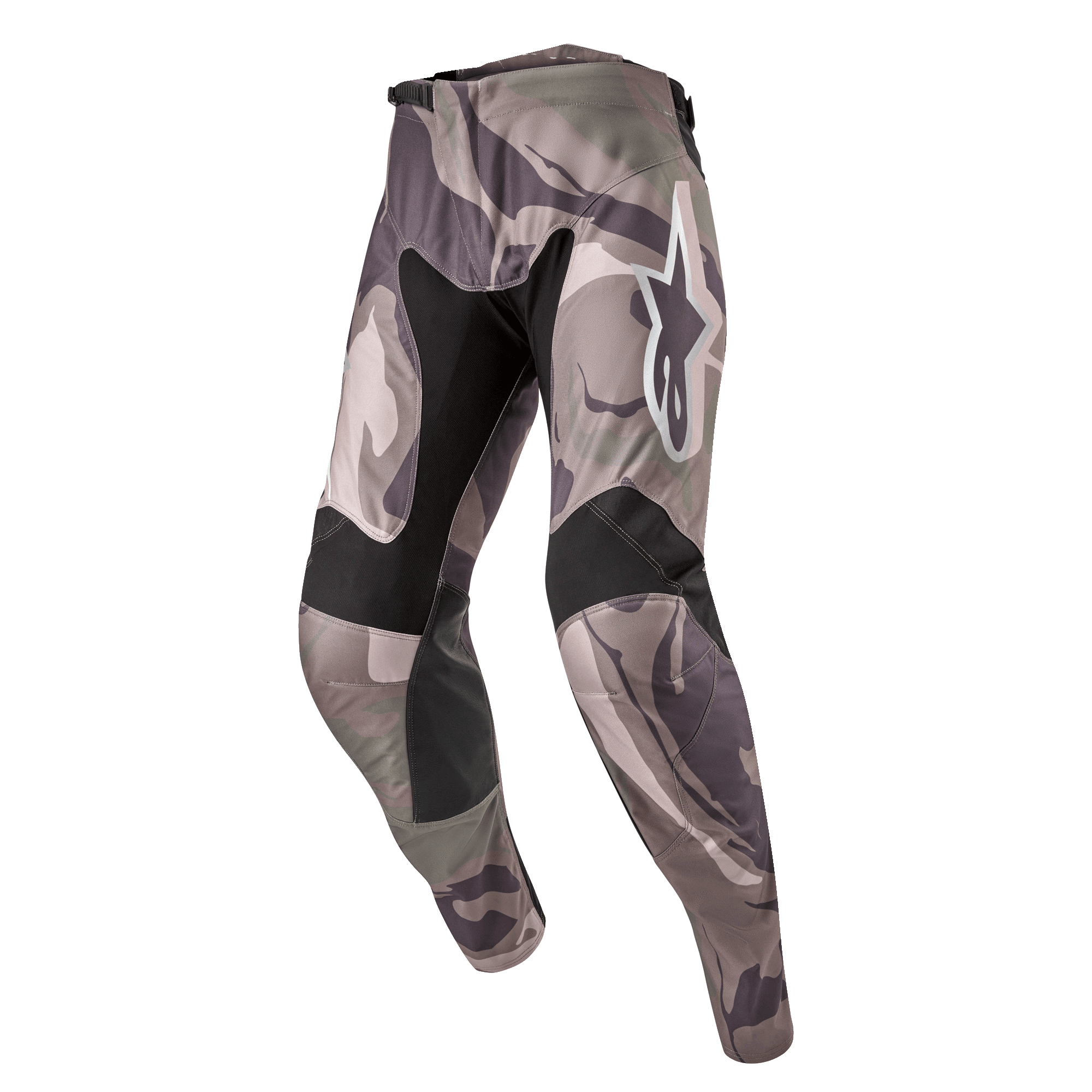 Alpinestars 2024 Racer Tactical Pants, Motocross Pants, Military Green Camo Brown camouflage pattern, featuring black stretch panels on inner thighs and knees, white Alpinestars logo on the thigh, ergonomic pre-curved design for off-road racing