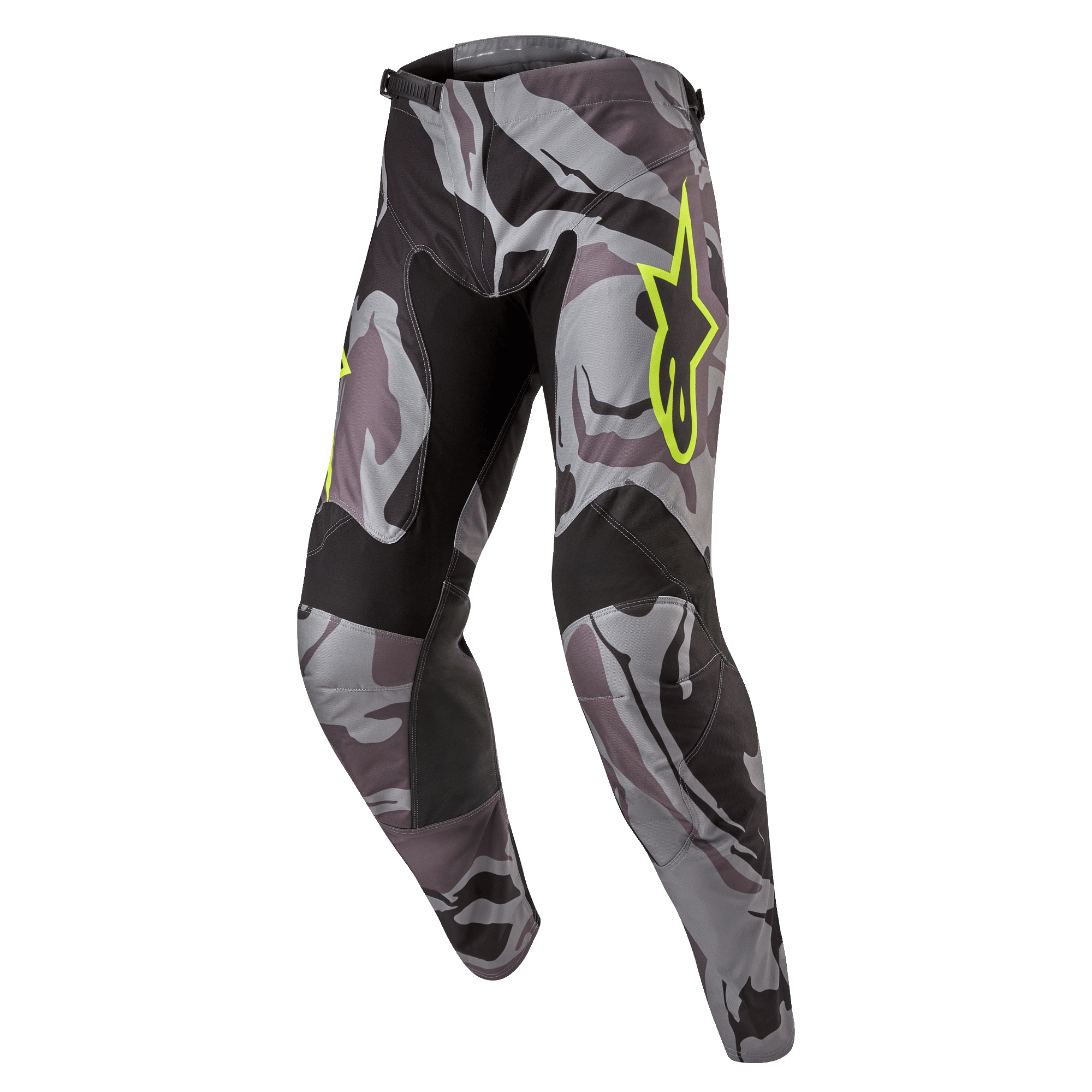 Alpinestars 2024 Racer Tactical Hose, Motocross-Hose, Cast Gray Camo Magnet, grau-schwarzes Tarnmuster mit neongelbem Alpinestars-Logo, schwarze Einsätze an den Oberschenkelinnenseiten und Knien, vorgeformte sportliche Passform für Offroad-Rennsport