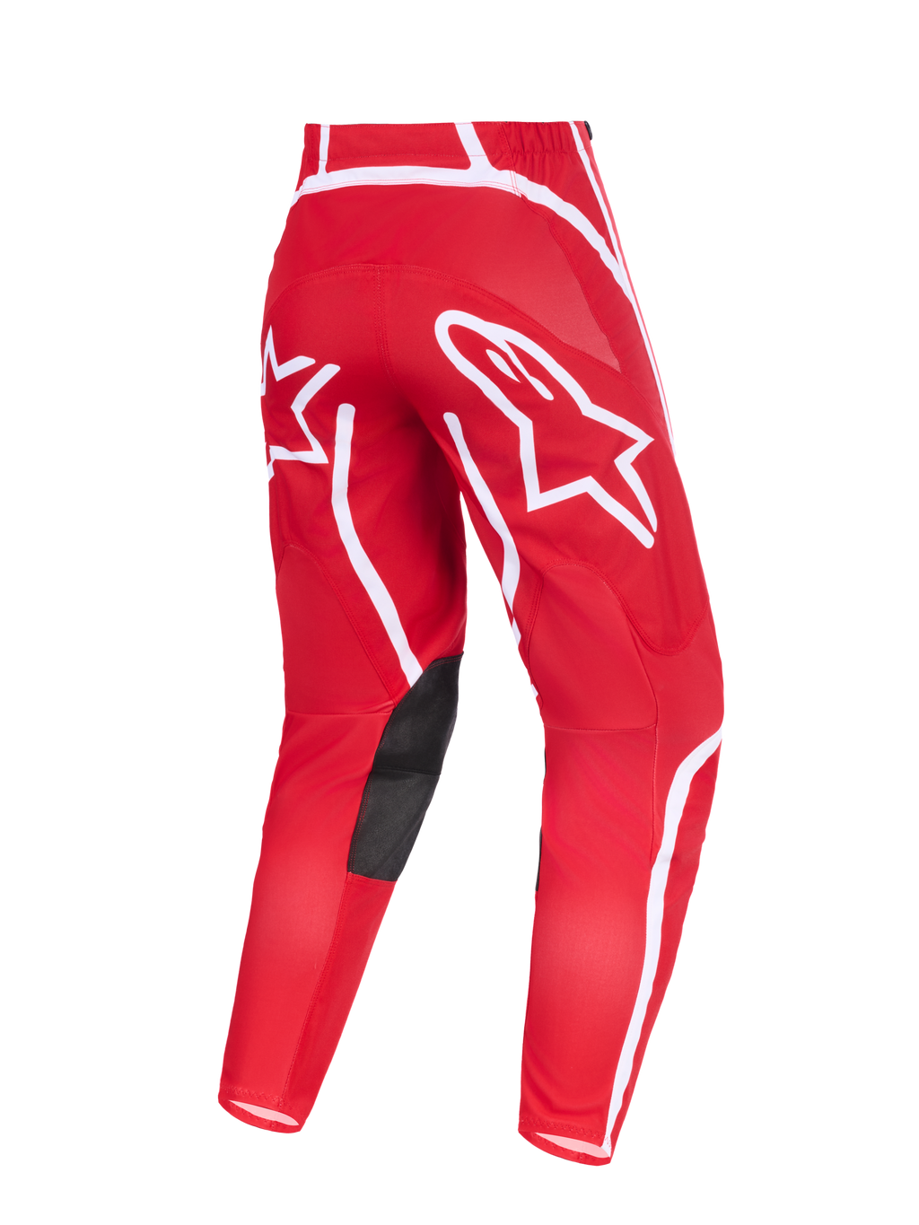 Alpinestars 2026 Fluid Apex Hose, Motocross-Hose, Rot und Weiß, Rückansicht mit markanten weißen Stern-Logos am Gesäß, schwarzen Knie-Einsätzen aus Synthetikleder und ergonomischem, vorgeformtem Design für den Offroad-Sport