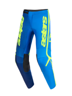 Alpinestars 2026 Fluid Apex Pants, Motocross Pants, Blue and Yellow Fluo, featuring bold vertical yellow 'astars' branding, black inner knee panels, and ergonomic pre-curved design for off-road performance