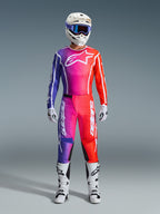 Alpinestars 2026 Fluid Apex Gear Set, Motocross Outfit, Purple Pink and Red Gradient with White Accents, Complete Racing Kit with White Helmet, Blue Goggles, and White Boots, Colorful Off-Road Performance Gear