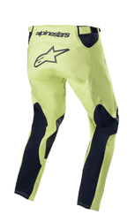 Alpinestars 2023 Racer Hoen Hose, Motocross-Hose, Fluorite Green und Night Navy, Rückansicht mit neongrünem Chassis und dunkelblauen Beineinsätzen, großes schwarzes Stern-Logo im Gesäßbereich, ergonomisches vorgeformtes Design für den Offroad-Rennsport
