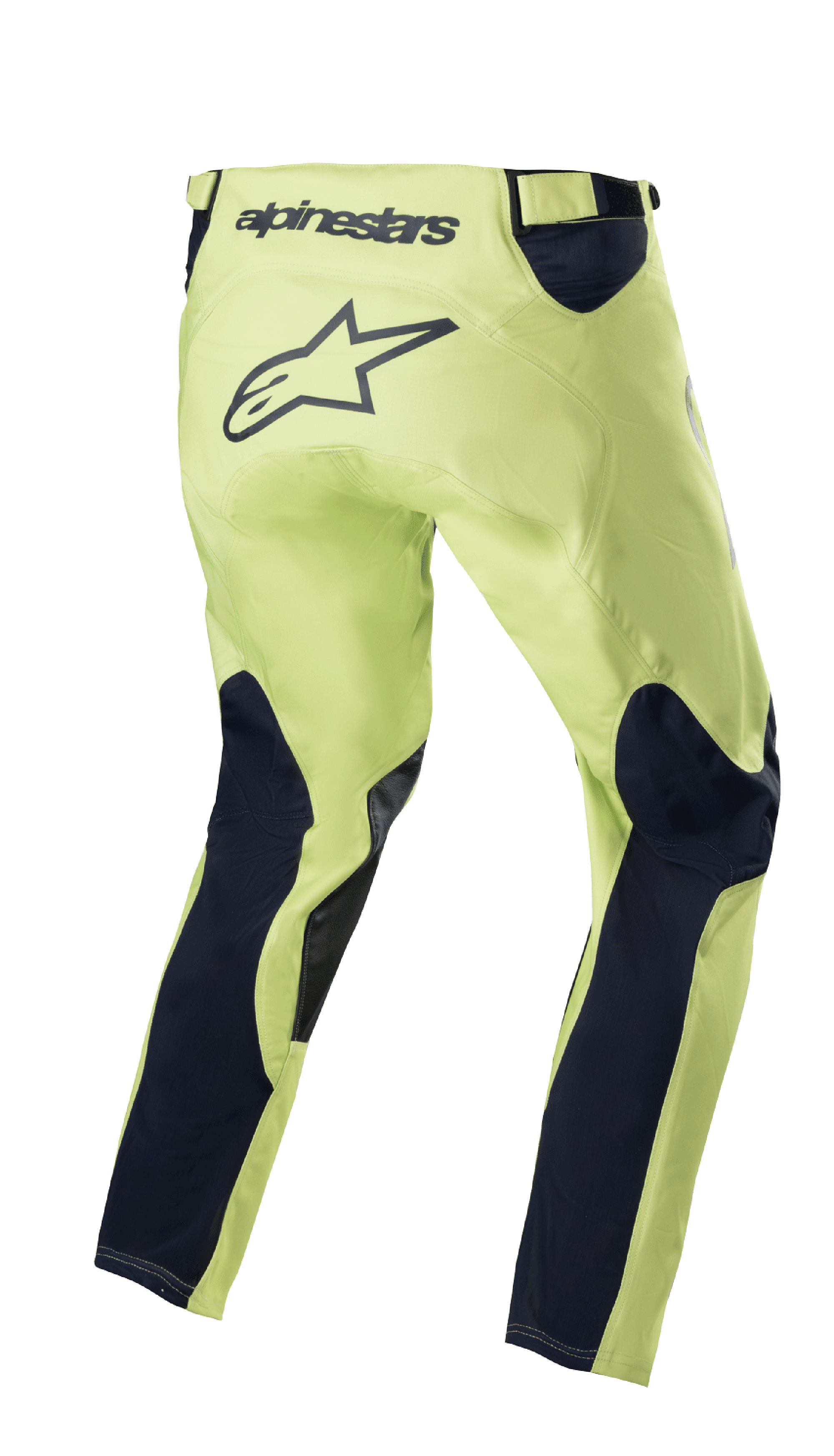 Alpinestars 2023 Racer Hoen Hose, Motocross-Hose, Fluorite Green und Night Navy, Rückansicht mit neongrünem Chassis und dunkelblauen Beineinsätzen, großes schwarzes Stern-Logo im Gesäßbereich, ergonomisches vorgeformtes Design für den Offroad-Rennsport