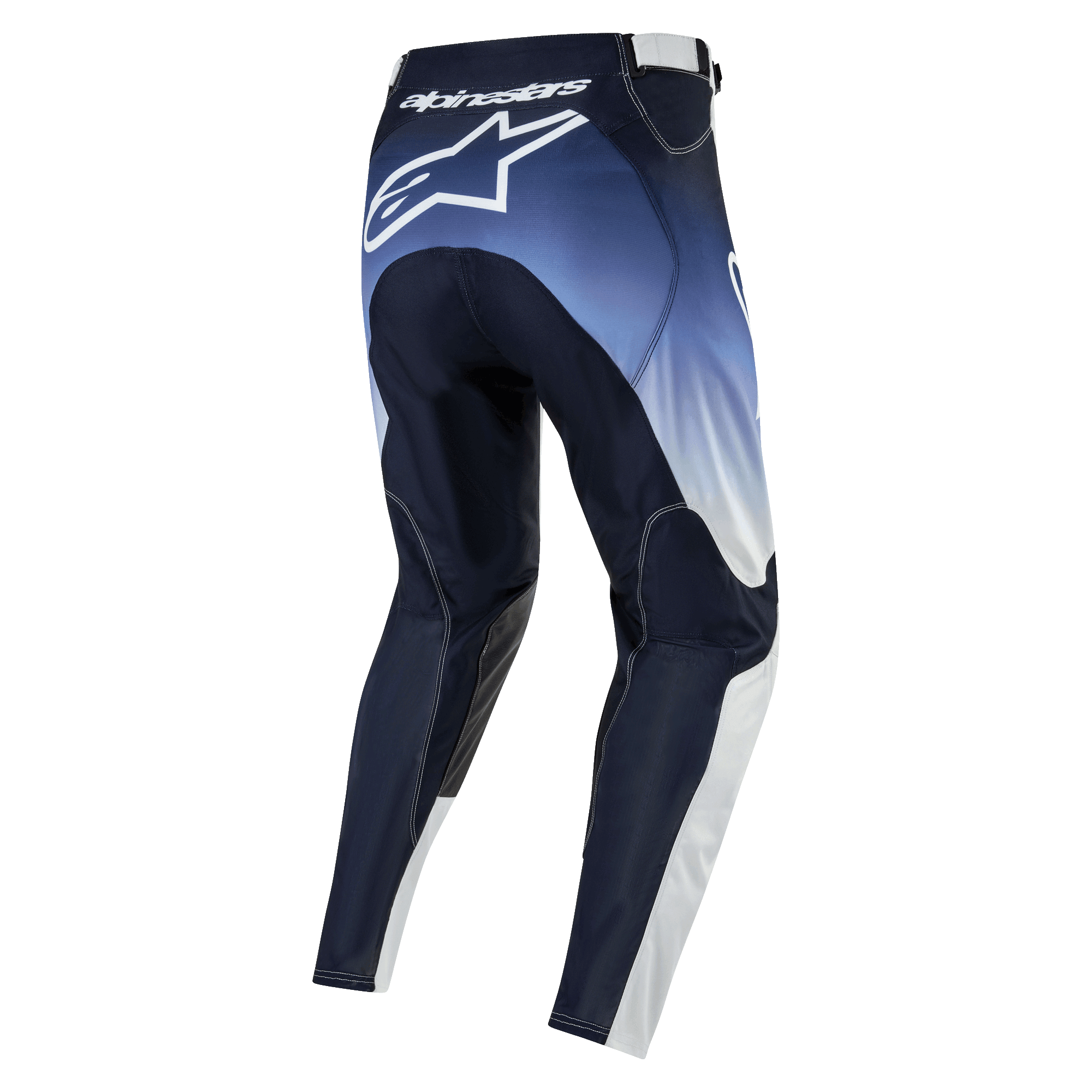 Alpinestars 2024 Racer Hoen Hose, Motocross-Hose, Dunkelblau, Hellblau und Weiß, Rückansicht mit Alpinestars-Logo, strapazierfähige Offroad-Bekleidung