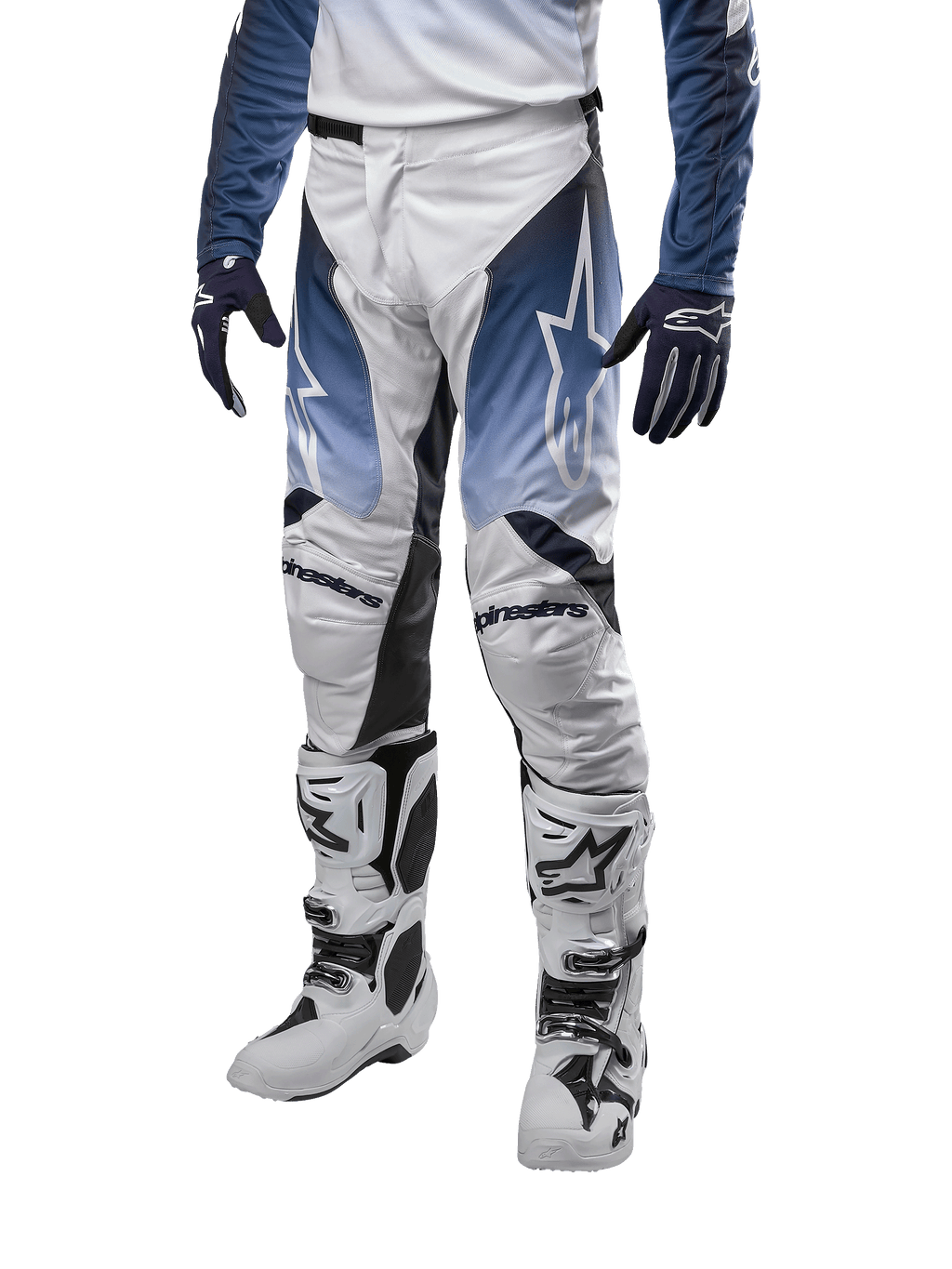 Alpinestars 2024 Racer Hoen Hose, Motocross-Hose, Weiß, Dunkelblau und Hellblau, ergonomische Passform, strapazierfähige Offroad-Bekleidung, sportliches Design