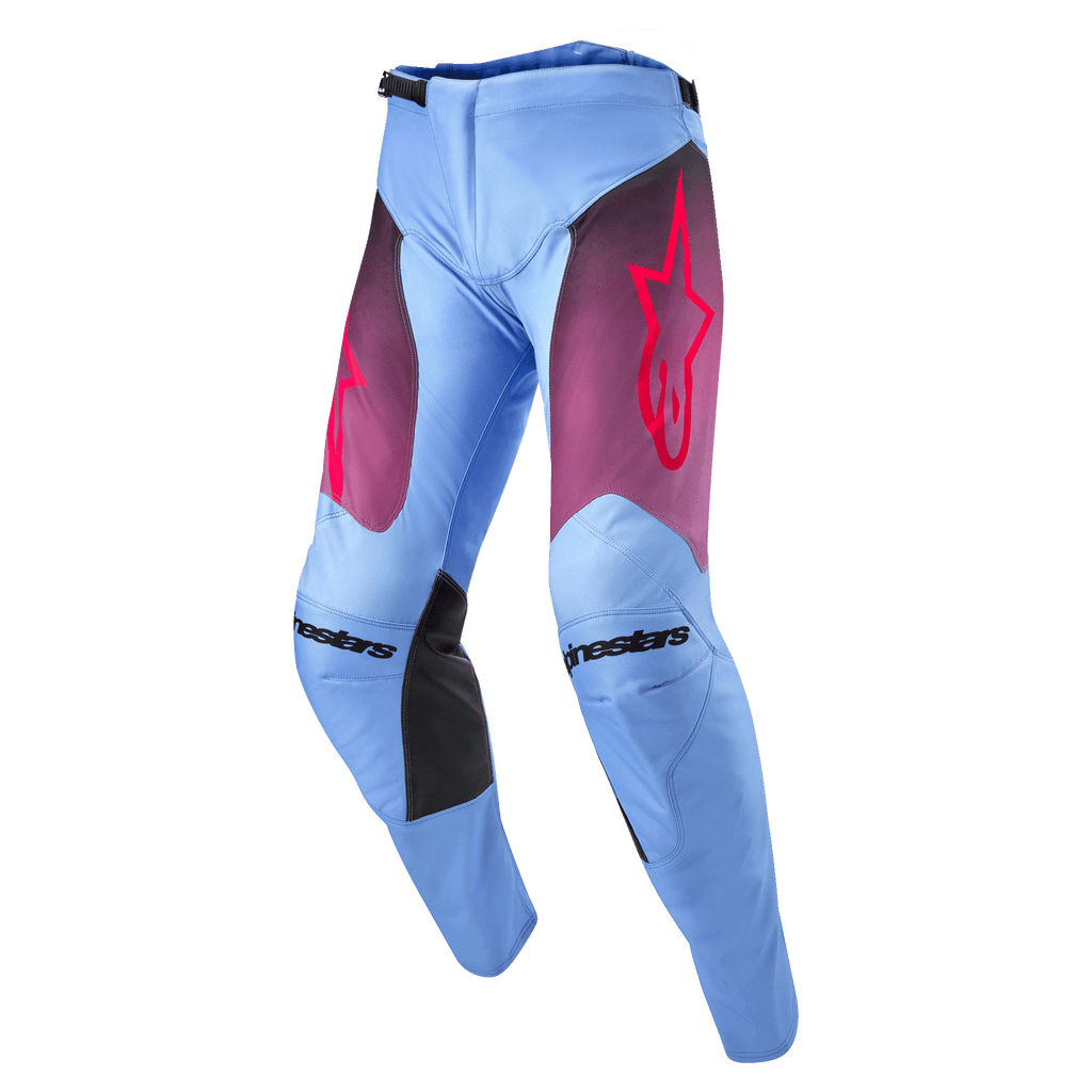 Alpinestars 2024 Racer Hoen Hose, Motocross-Hose, Lavan Lila und Schwarz, hellblau-lavendelfarbenes Chassis mit lila Farbverlauf an den Oberschenkeln und pinkfarbenem Stern-Logo, schwarze Knie-Innenpanele, vorgeformtes ergonomisches Design für Offroad-Performance