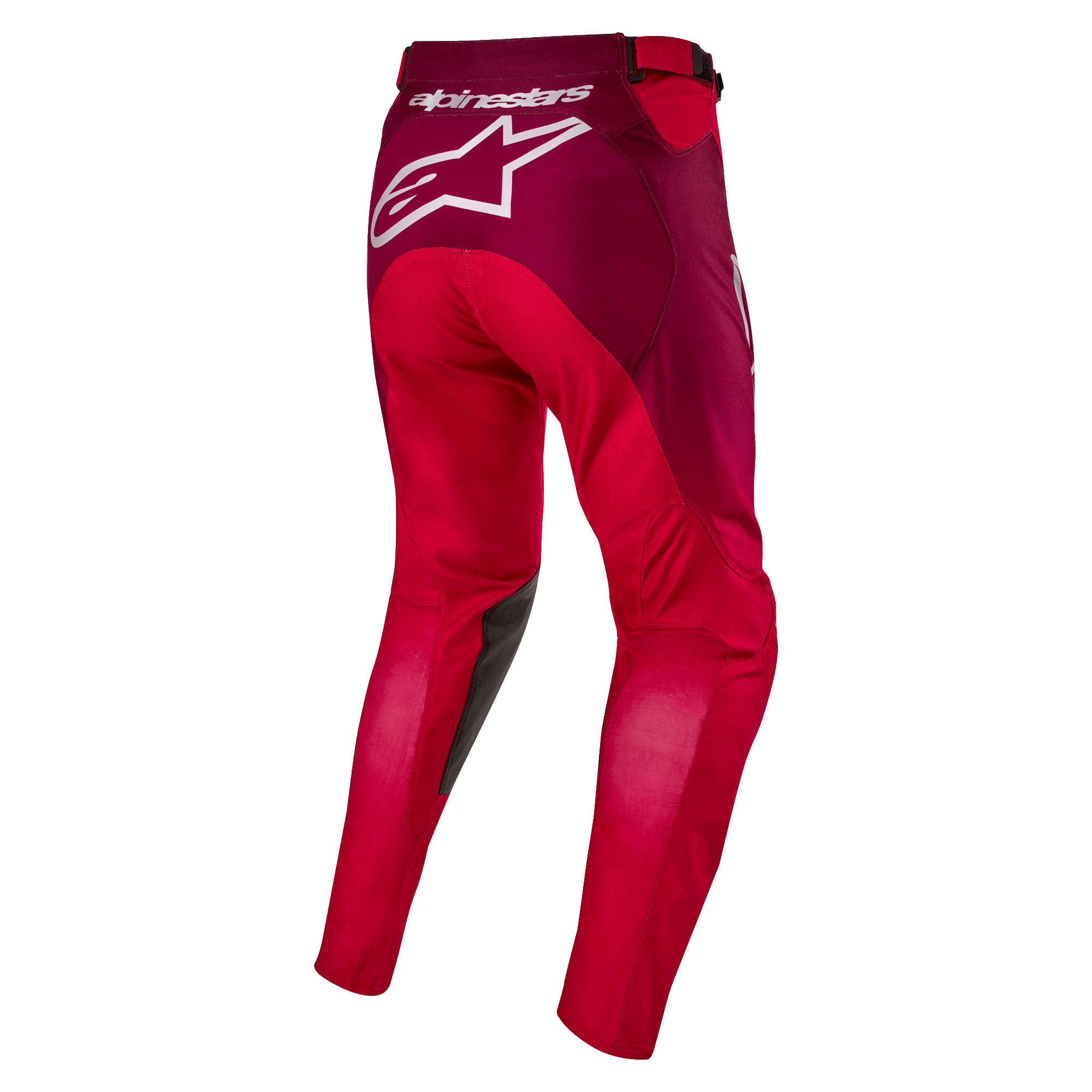 Alpinestars 2024 Racer Hoen Hose, Motocross-Hose, Mars Rot und Burgund, Rückansicht mit großem weißem Alpinestars-Logo auf dem Gesäß, ergonomische, vorgeformte Beinkonstruktion, strapazierfähiges Textilmaterial für Offroad-Rennsport