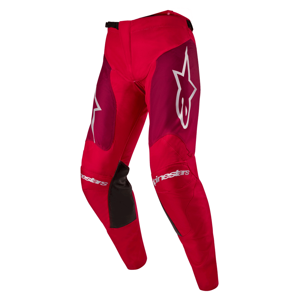 Alpinestars 2024 Racer Hoen Hose, Motocross-Hose, Mars Red Burgund, mit burgunderroten Oberschenkel-Panels und weißem Alpinestars-Branding an den Knien und Hüften, schwarze Knie-Grip-Einsätze auf der Innenseite, sportliches, vorgeformtes Design für Offroad-Performance