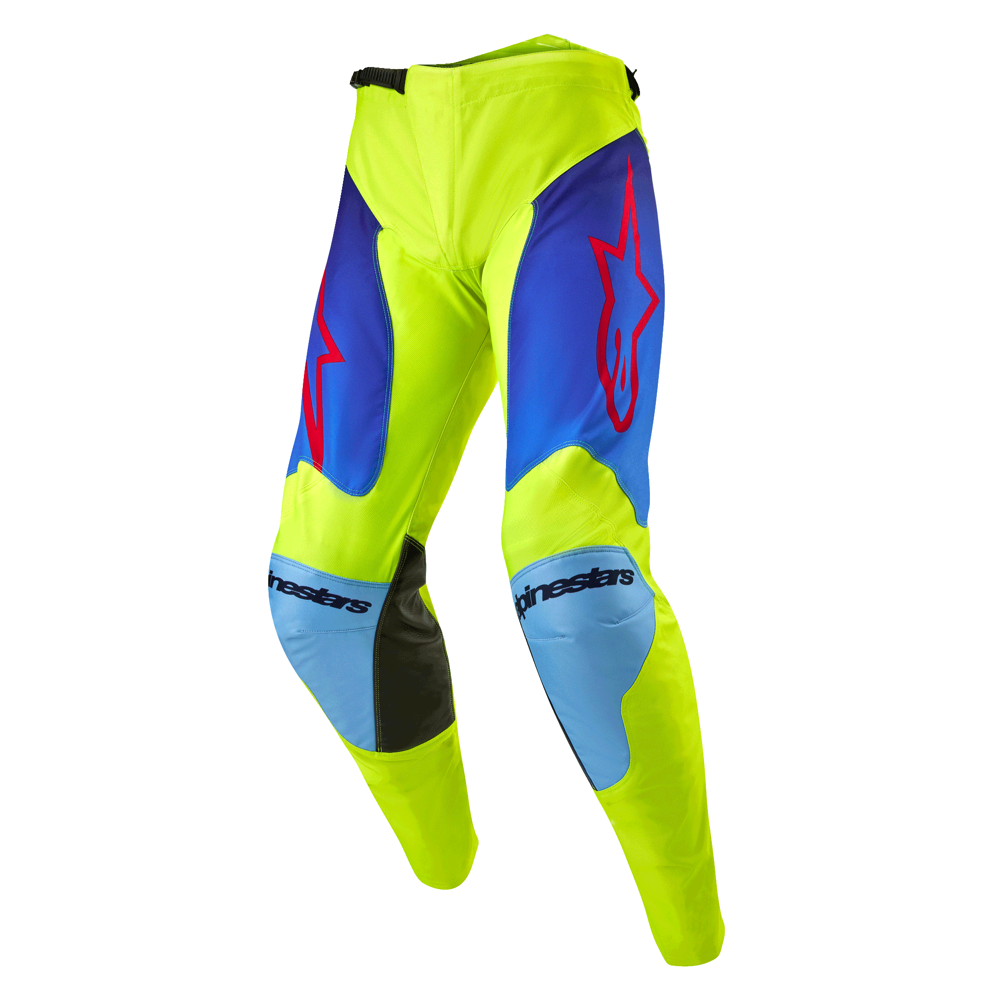 Alpinestars 2024 Racer Hoen Hose, Motocross-Hose, Gelb Fluo und Blau Night Navy, mit roten Stern-Logos auf den Oberschenkeln, hellblauen Knie-Einsätzen mit schwarzen Leder-Innenverstärkungen, sportliche vorgeformte Konstruktion für Offroad-Rennsport