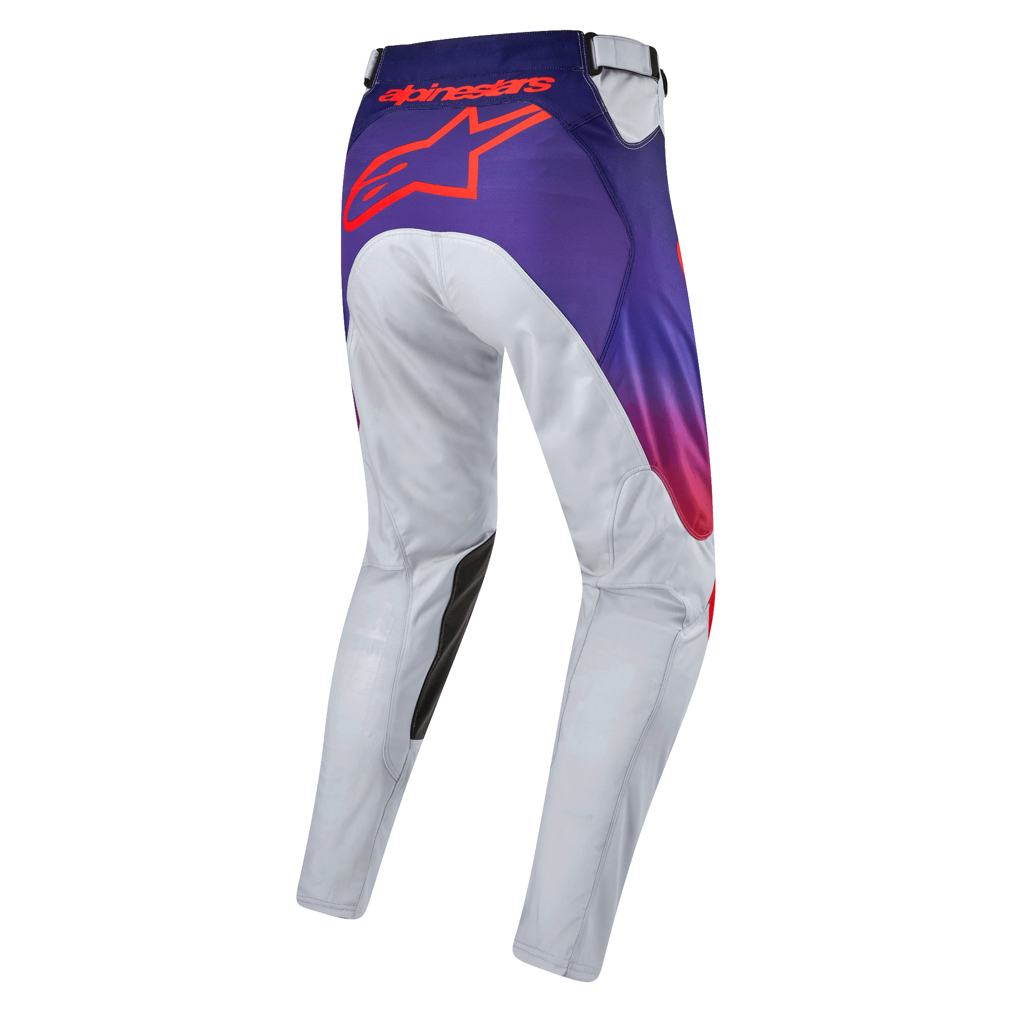 Alpinestars 2024 Racer Hoen Hose, Motocross-Hose in Hellgrau, Violett und Hot Orange, Rückansicht mit markantem Alpinestars-Logo, strapazierfähige Offroad-Bekleidung mit ergonomischer Passform