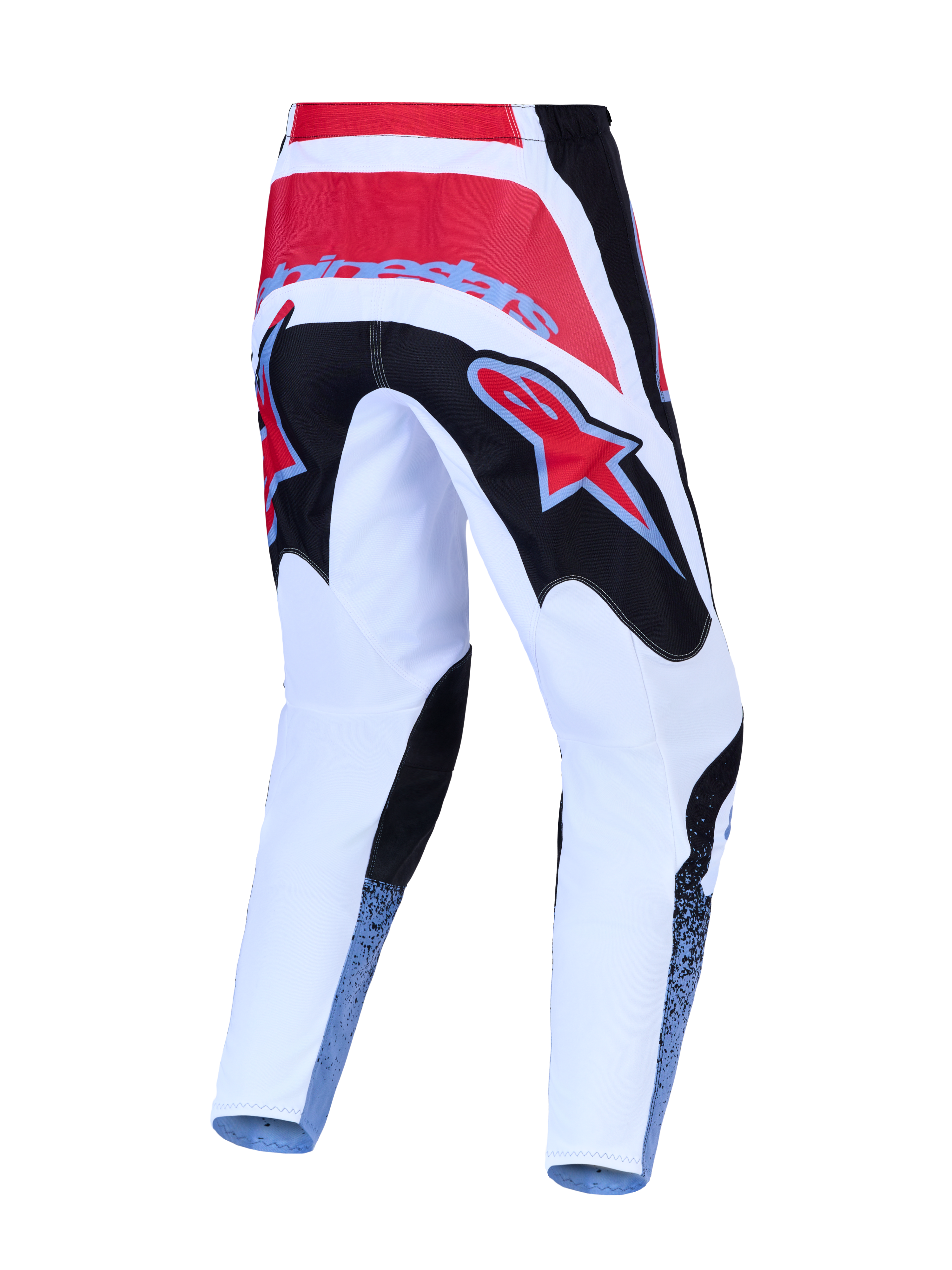 Alpinestars Fluid Drag Hose, Motocross-Rennsport-Hose, Weiß und Schwarz mit roten Akzenten, 600D-Polygewebe, Rückansicht.