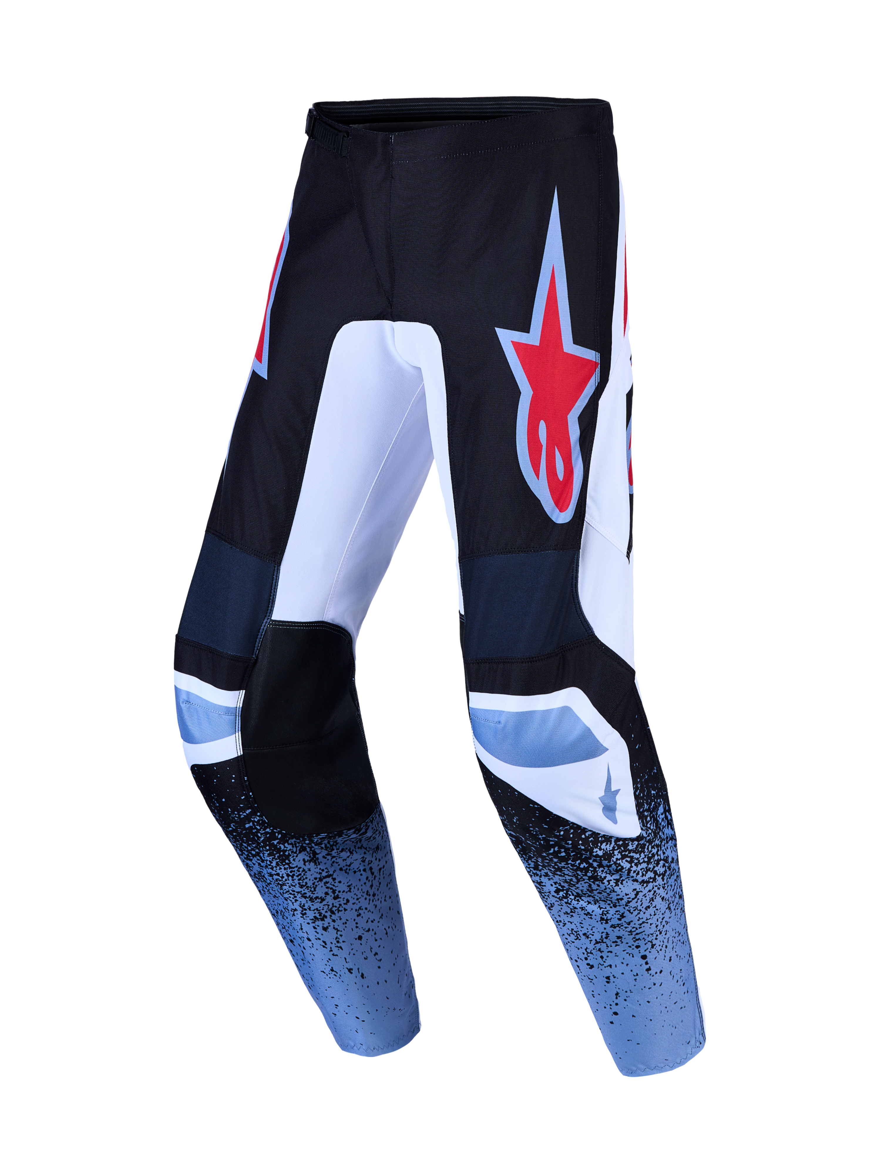 Alpinestars Fluid Drag Hose, Herren-Motocross-Hose in Schwarz und Hellblau, strapazierfähiges Polygewebe mit ergonomischer, vorgeformter Passform und Alpinestars-Logo.