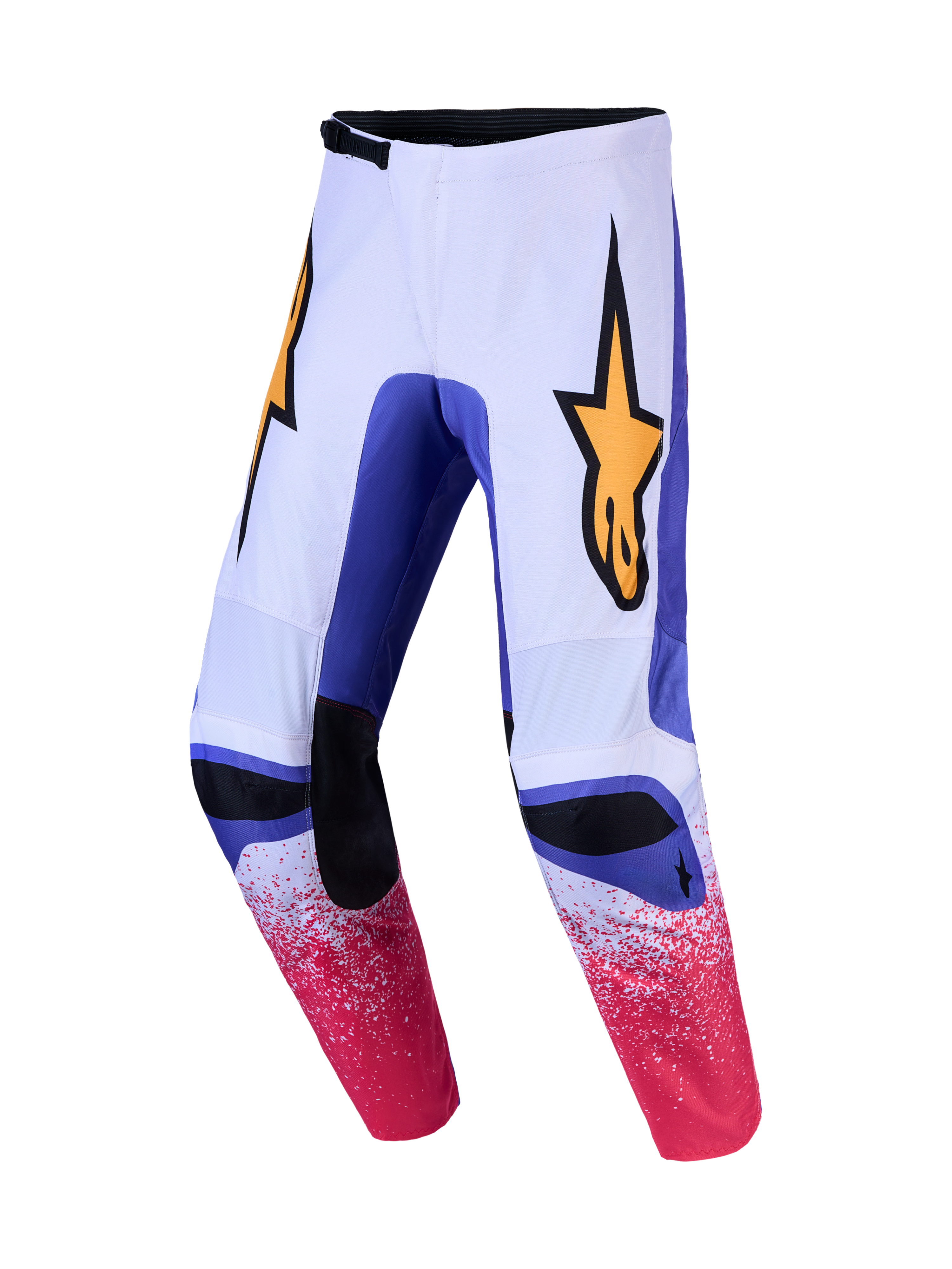 Alpinestars Fluid Drag Pants, white and blue motocross pants with pink speckled graphics and yellow star logo.