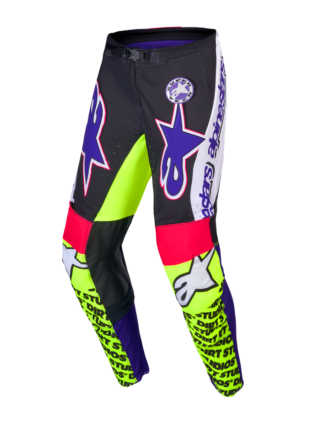 Alpinestars Supertech Hose Dirt Studios® Limited Edition, Motocross-Hose, Weiß, Lila und Gelb Fluo, einlagiges Stretch-Ripstop-Gewebe mit Lederknieteilen