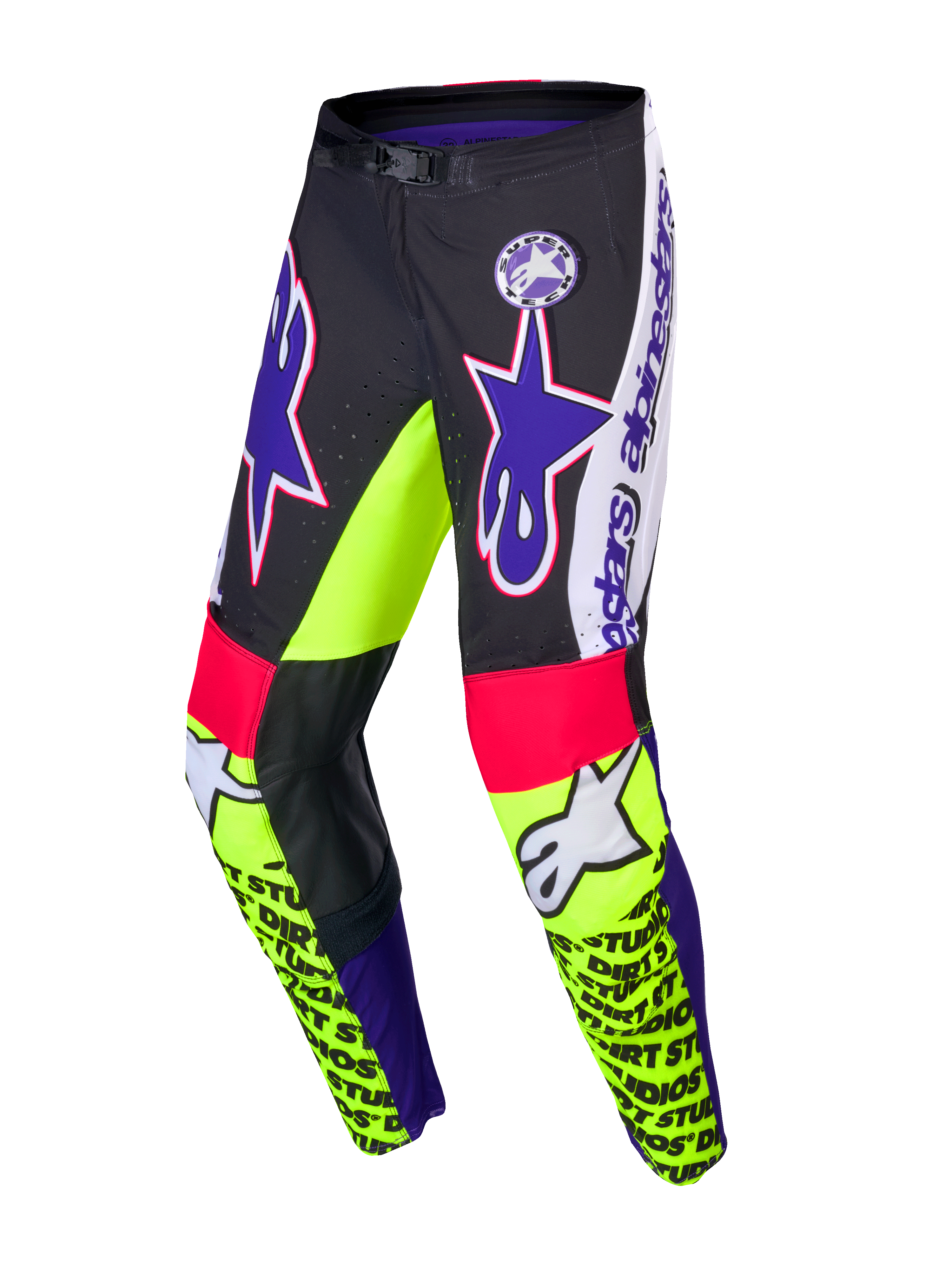 Alpinestars Supertech Hose Dirt Studios® Limited Edition, Motocross-Hose, Weiß, Lila und Gelb Fluo, einlagiges Stretch-Ripstop-Gewebe mit Lederknieteilen
