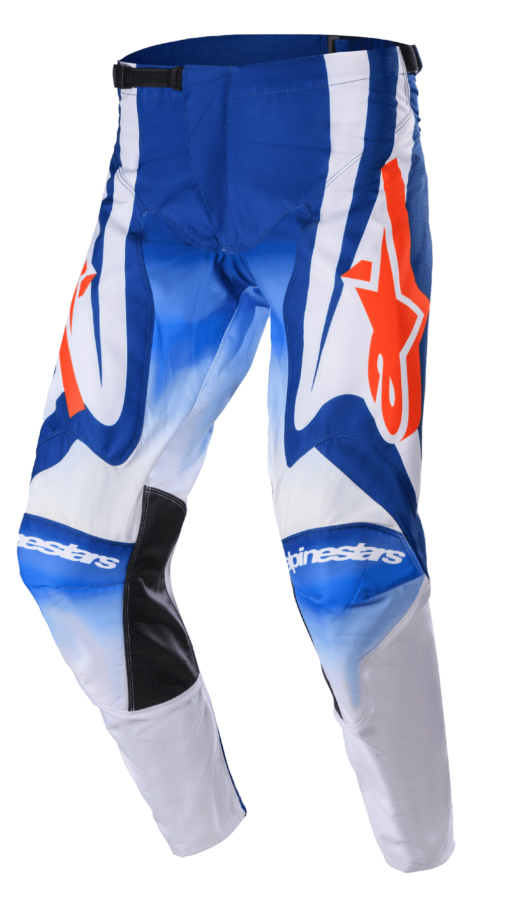 Alpinestars 2023 Racer Semi Pants, Motocross Pants, Blue White and Hot Orange, featuring large orange star logos, black heat-resistant inner knee panels, and a pre-curved ergonomic design for off-road racing performance.