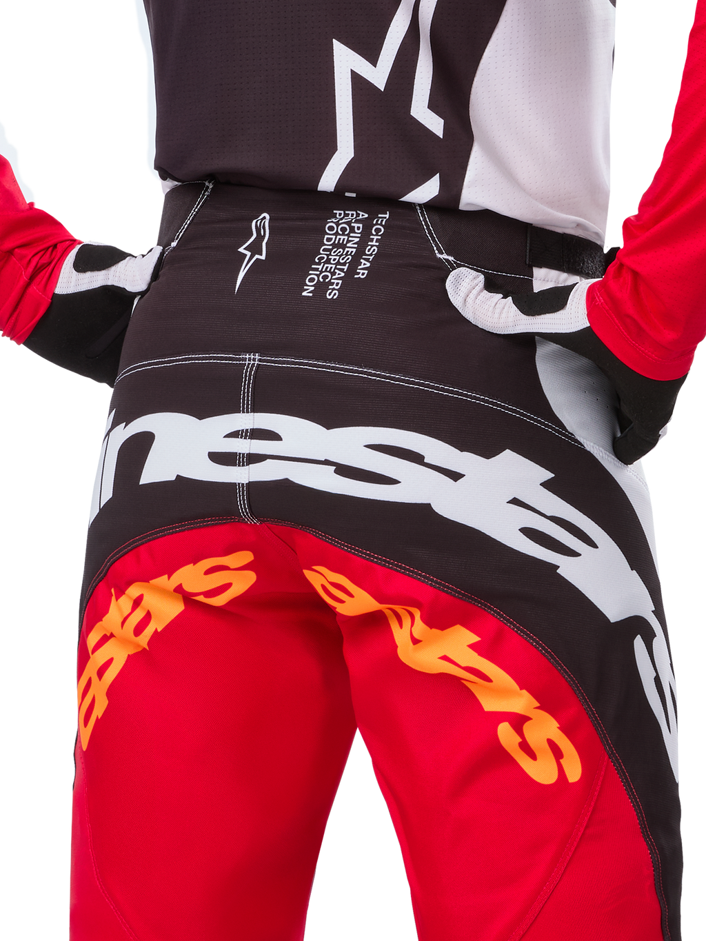 Alpinestars Limited Edition Techstar Deep Hose, Motocross-Hose, Schwarz, Weiß und High Red, mit einem Multi-Panel-Design, verstärkten Knien und 4-Wege-Stretch-Einsätzen für erstklassige Offroad-Performance.